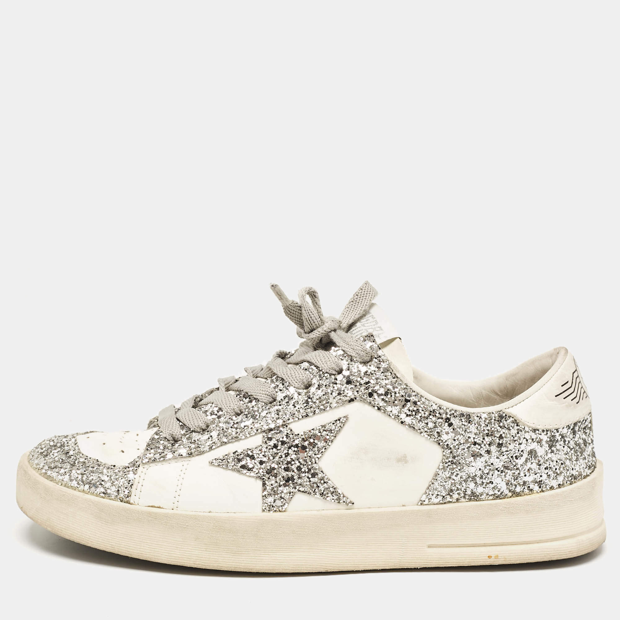 Pre Owned Golden Goose White/Silver Glitter and Leather Stardan  Sneakers Size 39