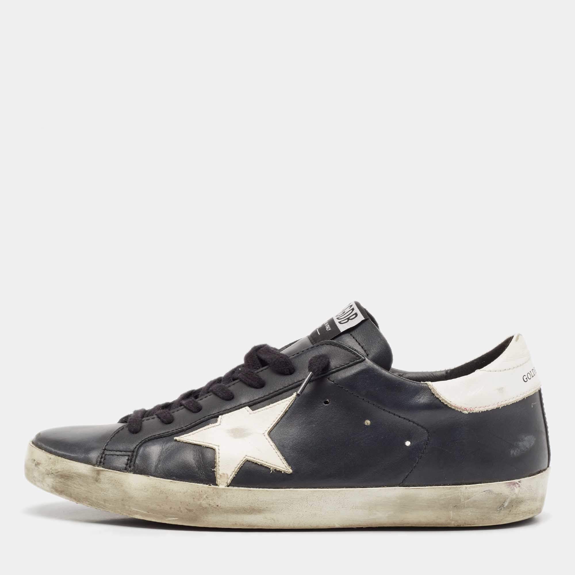 Pre Owned Golden Goose Black/White Leather Super Star Lace Up Sneakers Size 42
