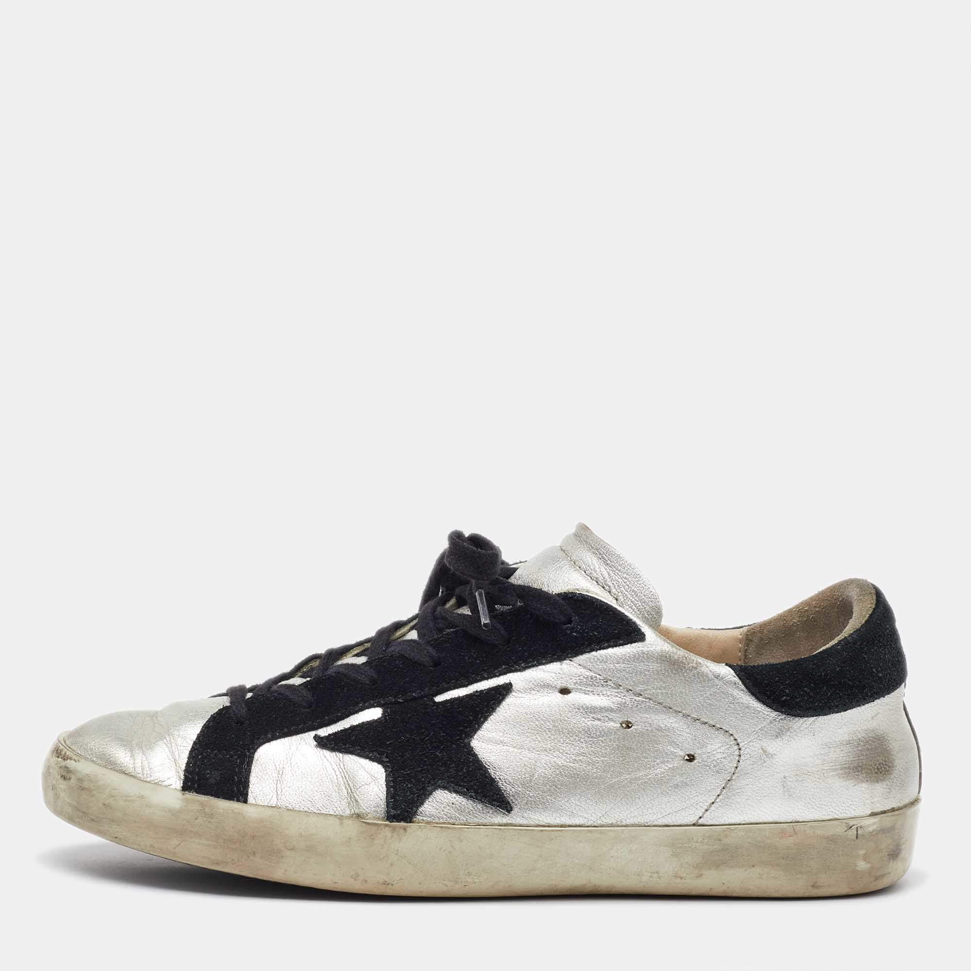 Pre Owned Golden Goose Silver/Black Leather and Suede Superstar Low Top Sneakers Size 40