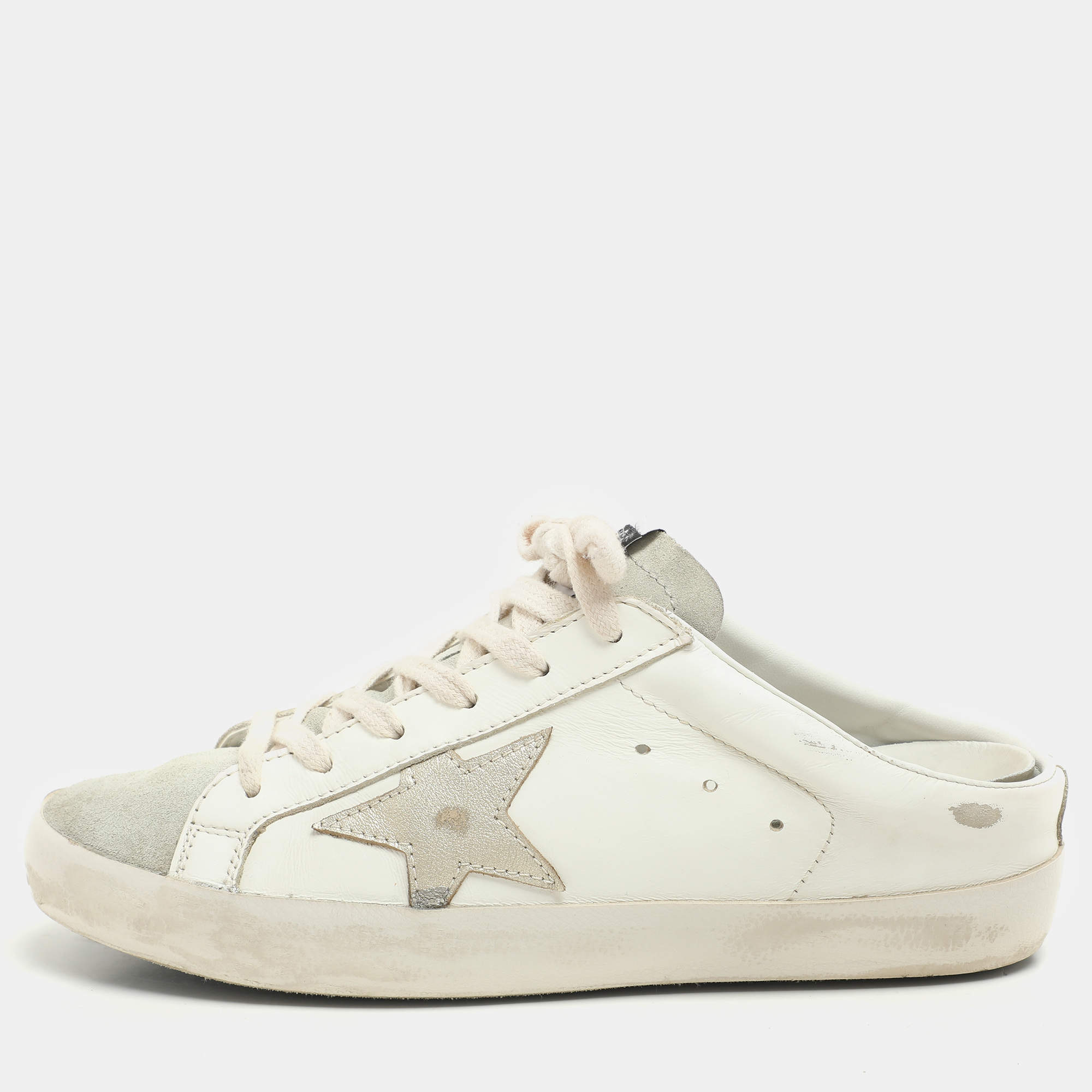 Pre Owned Golden Goose White Leather and Suede Superstar Mule Sneakers Size 38