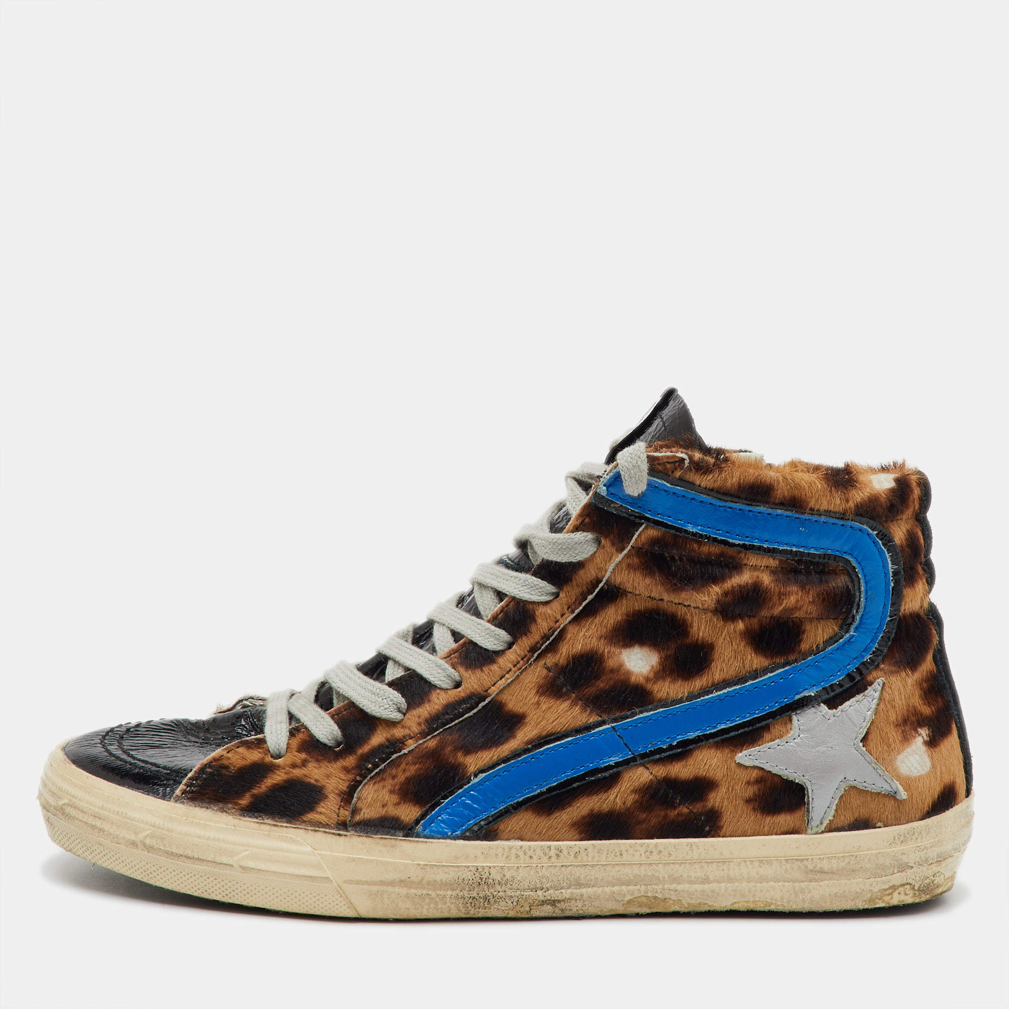 Pre Owned Golden Goose Multicolor Leather and Leopard Print Calf Hair High Top Sneakers Size 39