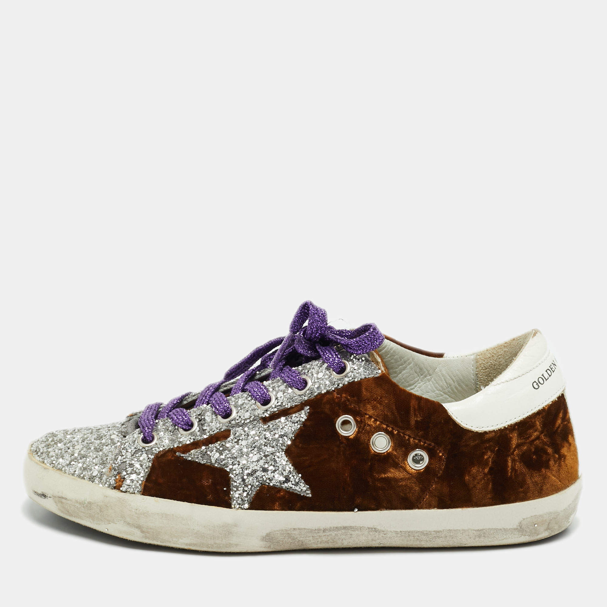 Pre Owned Golden Goose Brown/Silver Velvet and Glitter Superstar Low Top Sneakers Size 38