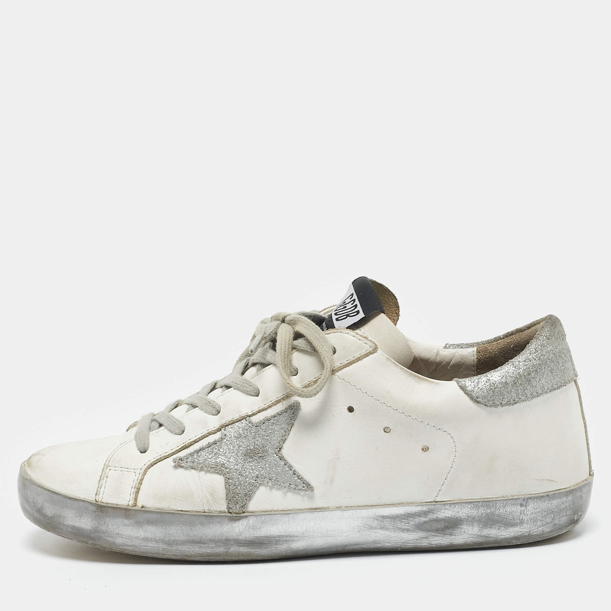 Golden Goose White/Grey Leather and Suede Super Star Low Top Sneakers Size 37