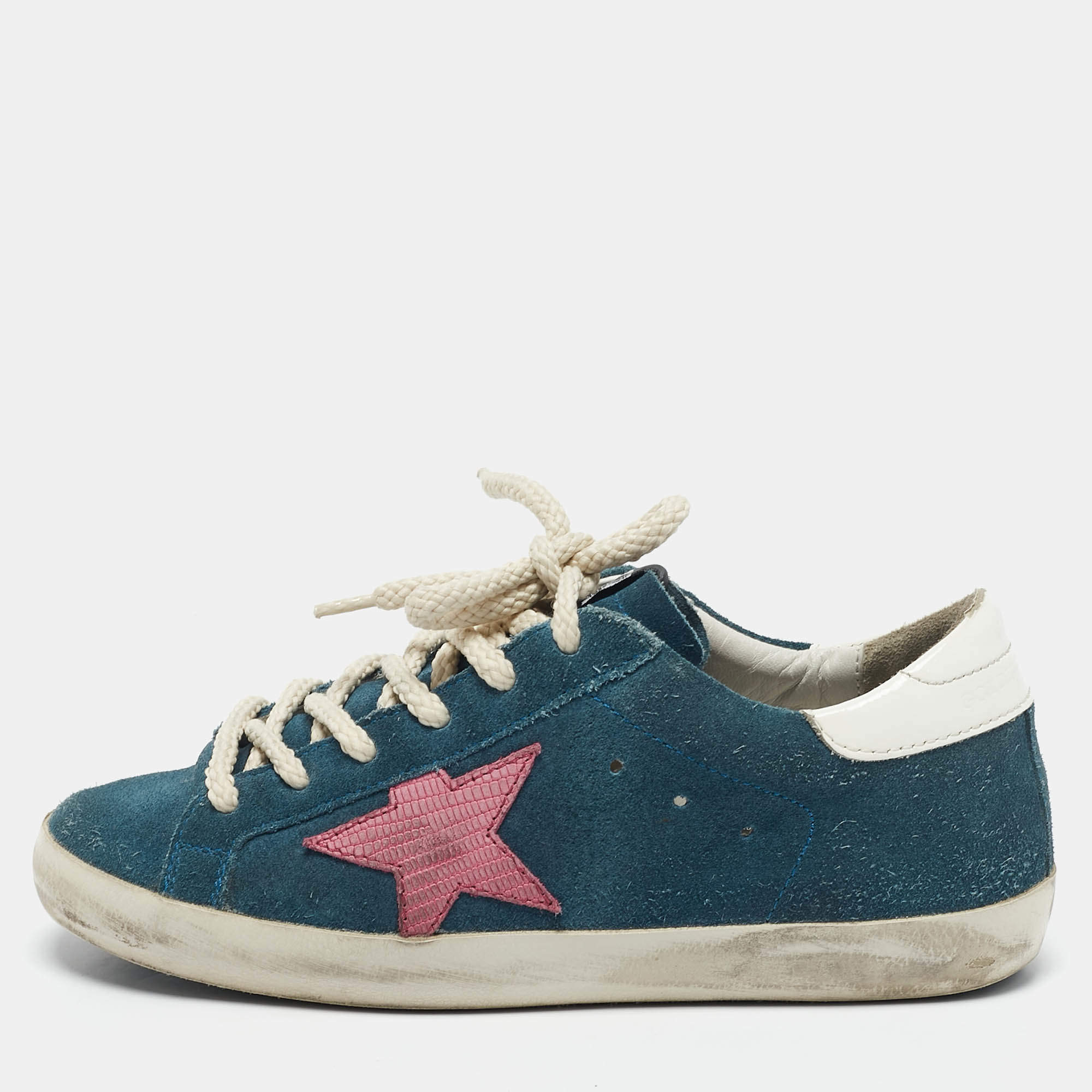 Golden Goose Blue Leather and Suede Super Star Low Top Sneakers Size 36