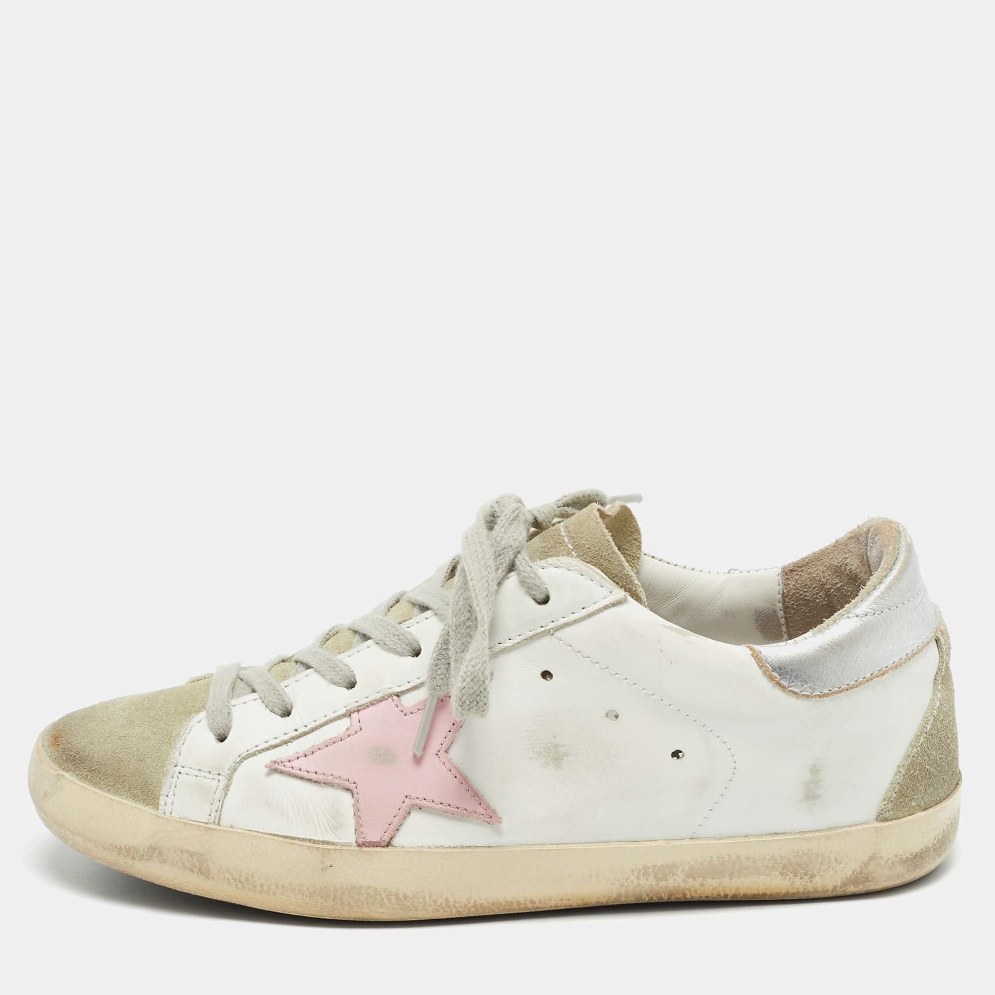 Pre Owned Golden Goose White/Grey Leather and Suede Super Star Sneakers Size 36