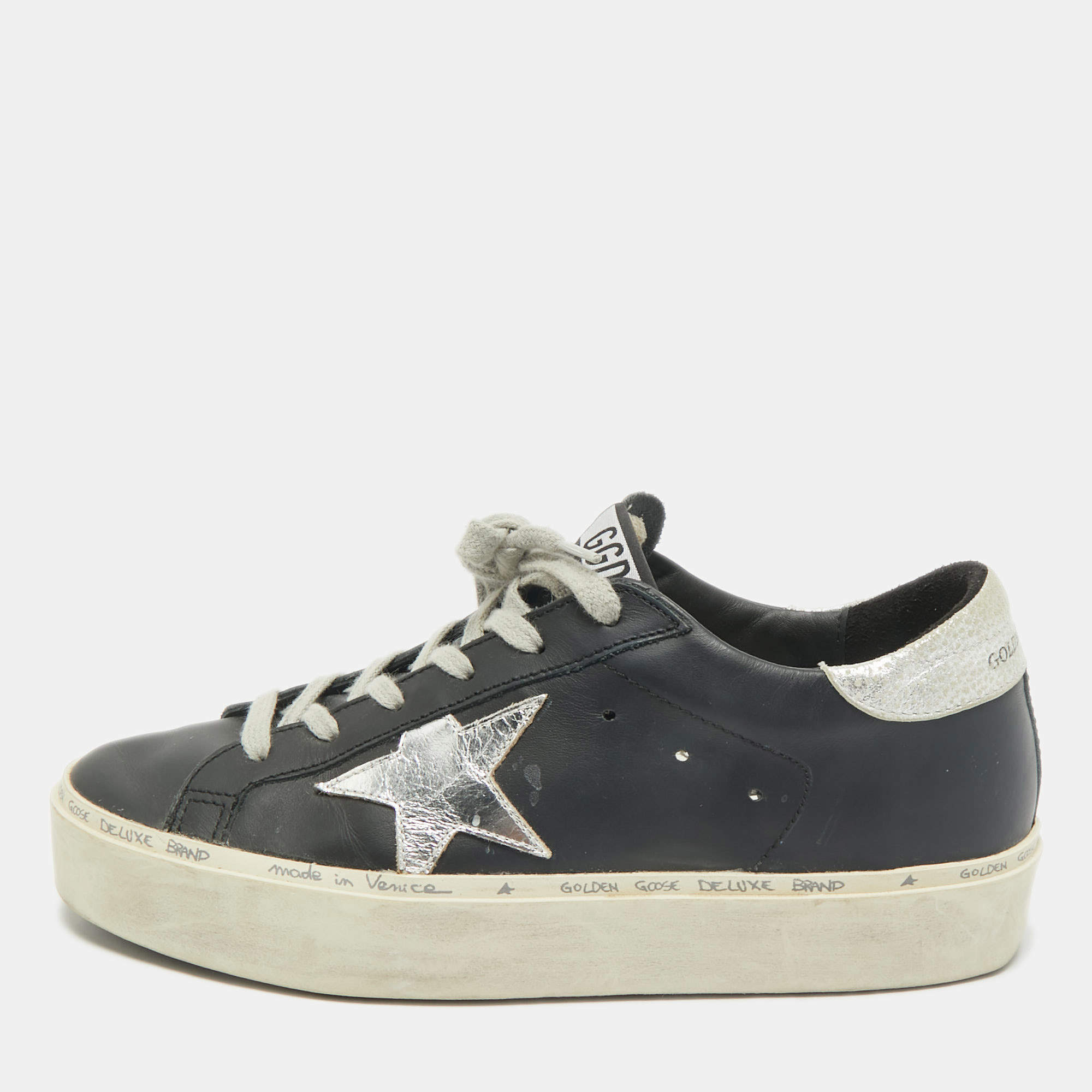 Pre Owned Golden Goose Black Leather Hi Star Low Top Sneakers Size 38