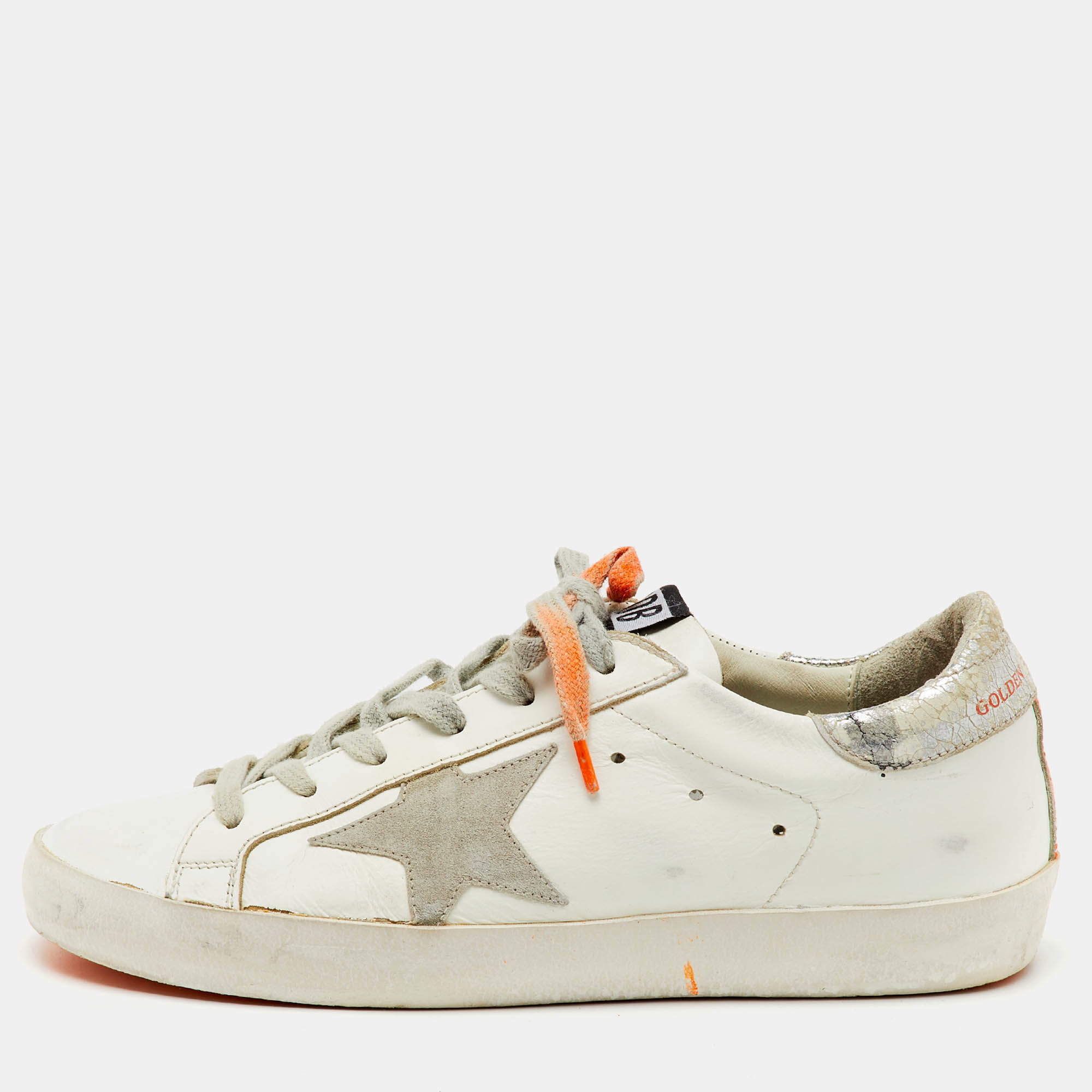 Golden Goose White/Orange Leather and Suede Superstar Low Top Sneakers Size 37