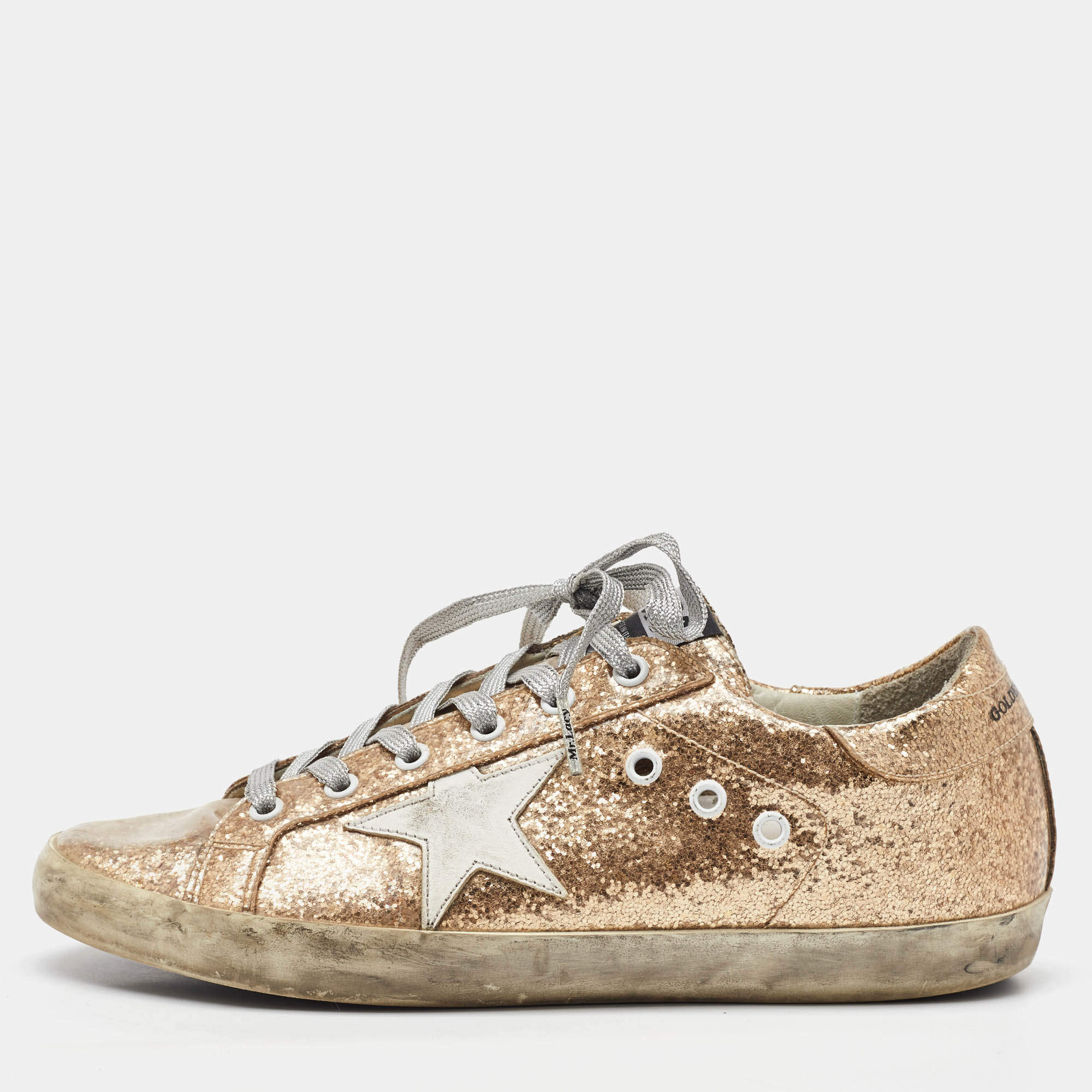 Pre Owned Golden Goose Metallic Gold Glitter PVC Superstar Low Top Sneakers Size 40
