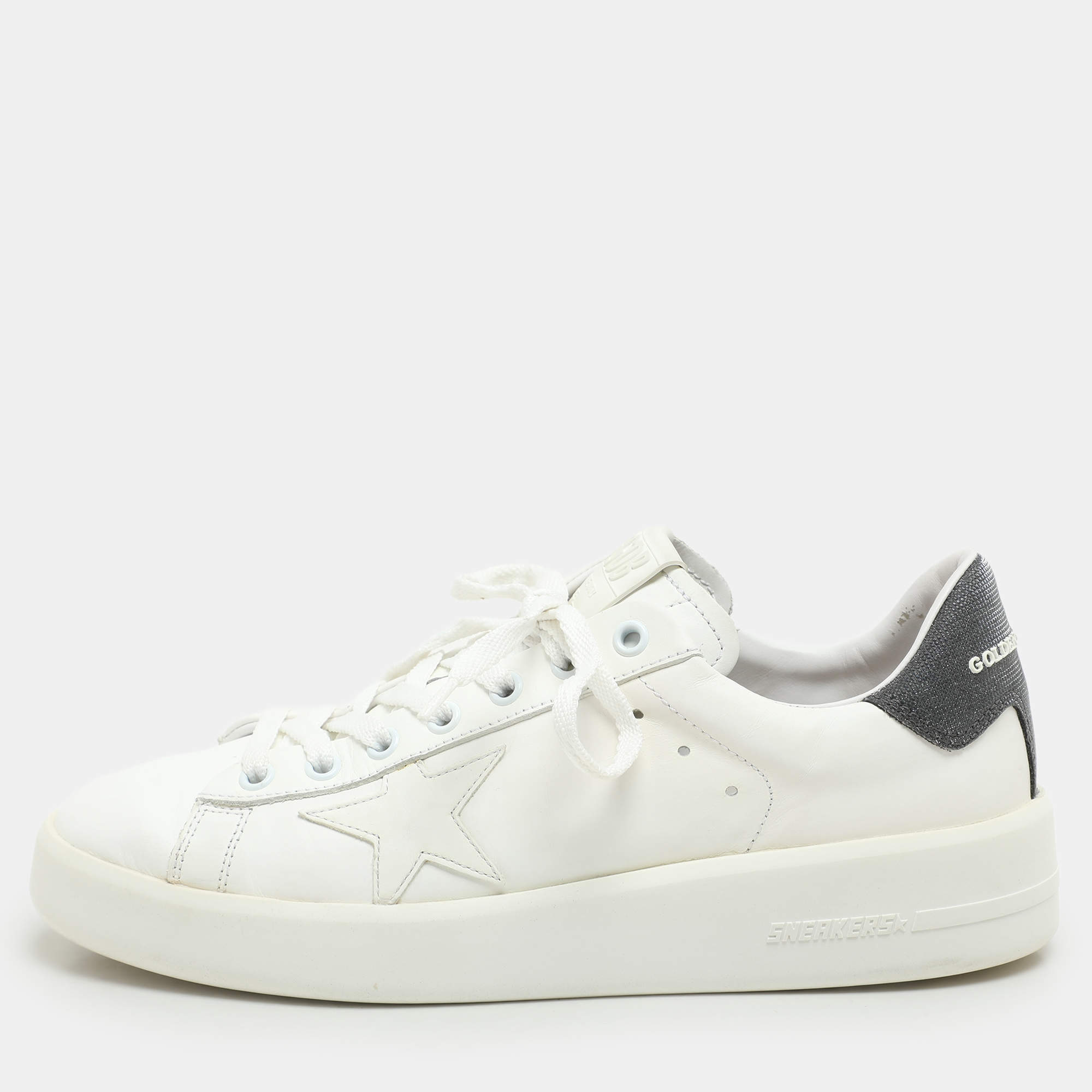 Pre Owned Golden Goose WhiteGrey Leather and Glitter PureStar Low Top Sneakers Size 39