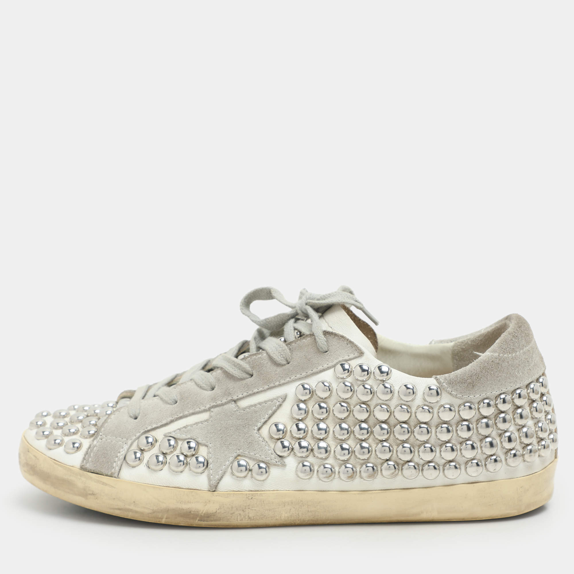 Pre Owned Golden Goose White Leather Studded Superstar Low Top Sneakers Size 40