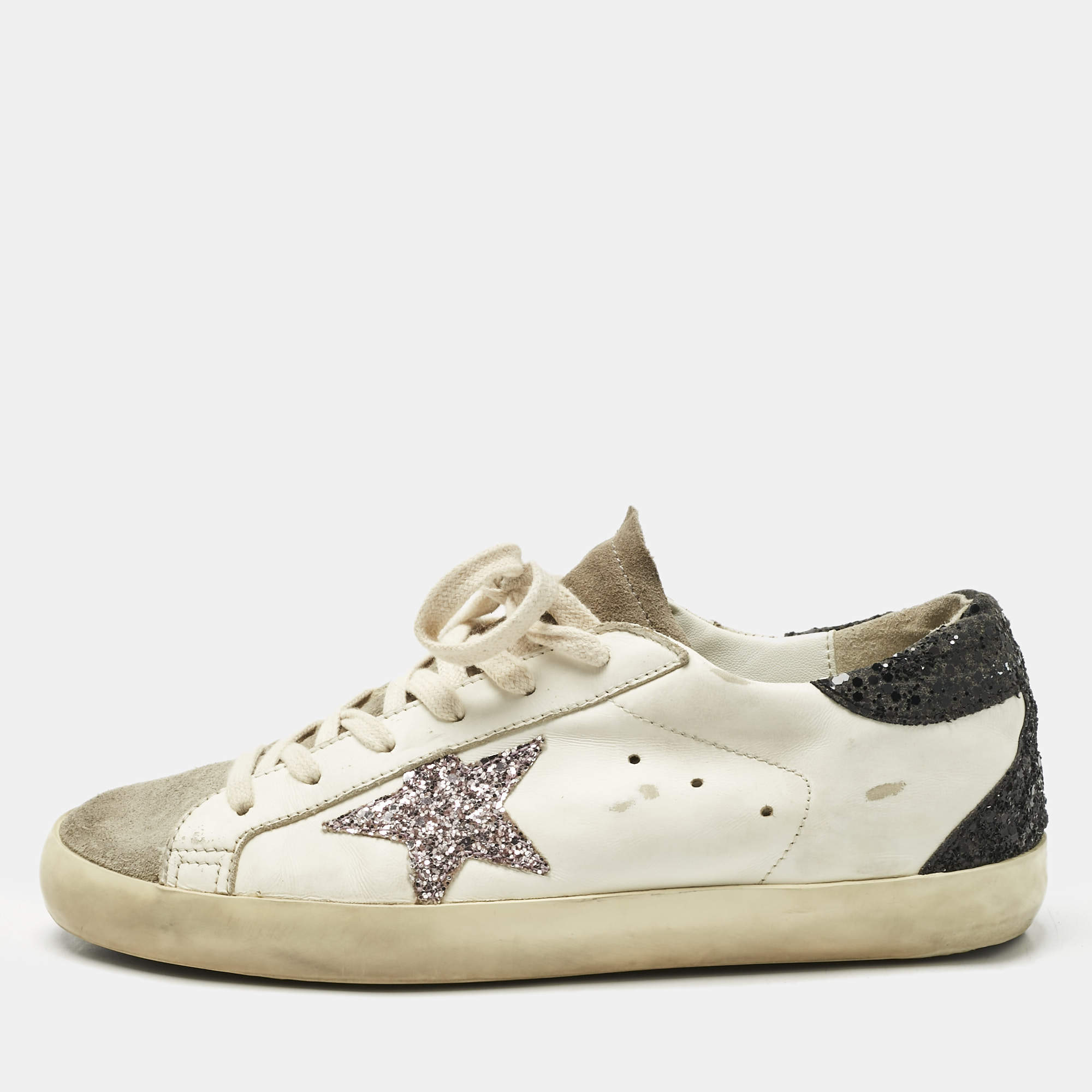 Pre Owned Golden Goose White/Black Glitter and Leather Super Star Lace Up Sneakers Size 39