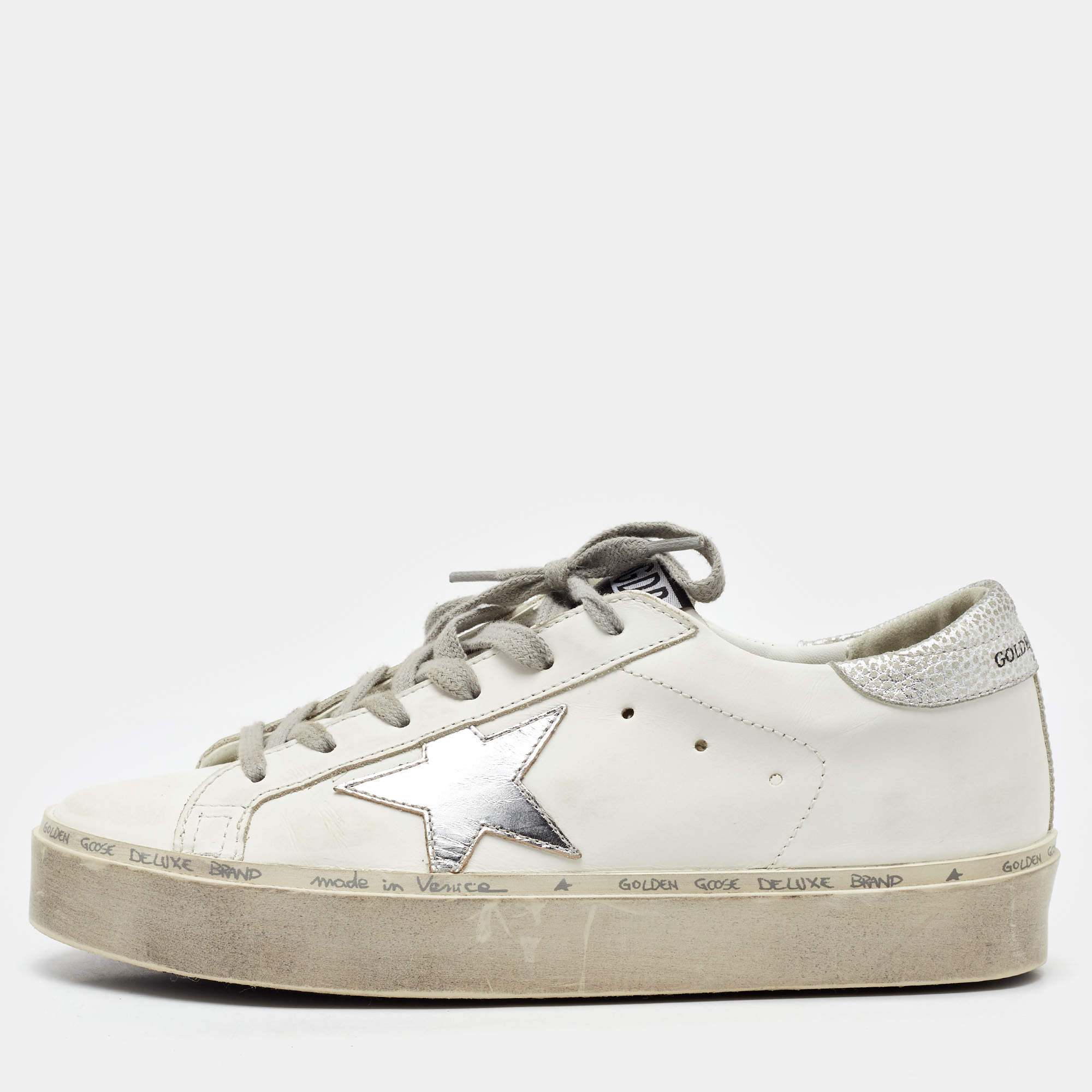 Pre Owned Golden Goose White/Silver Leather Hi Star Low Top Sneakers Size 38