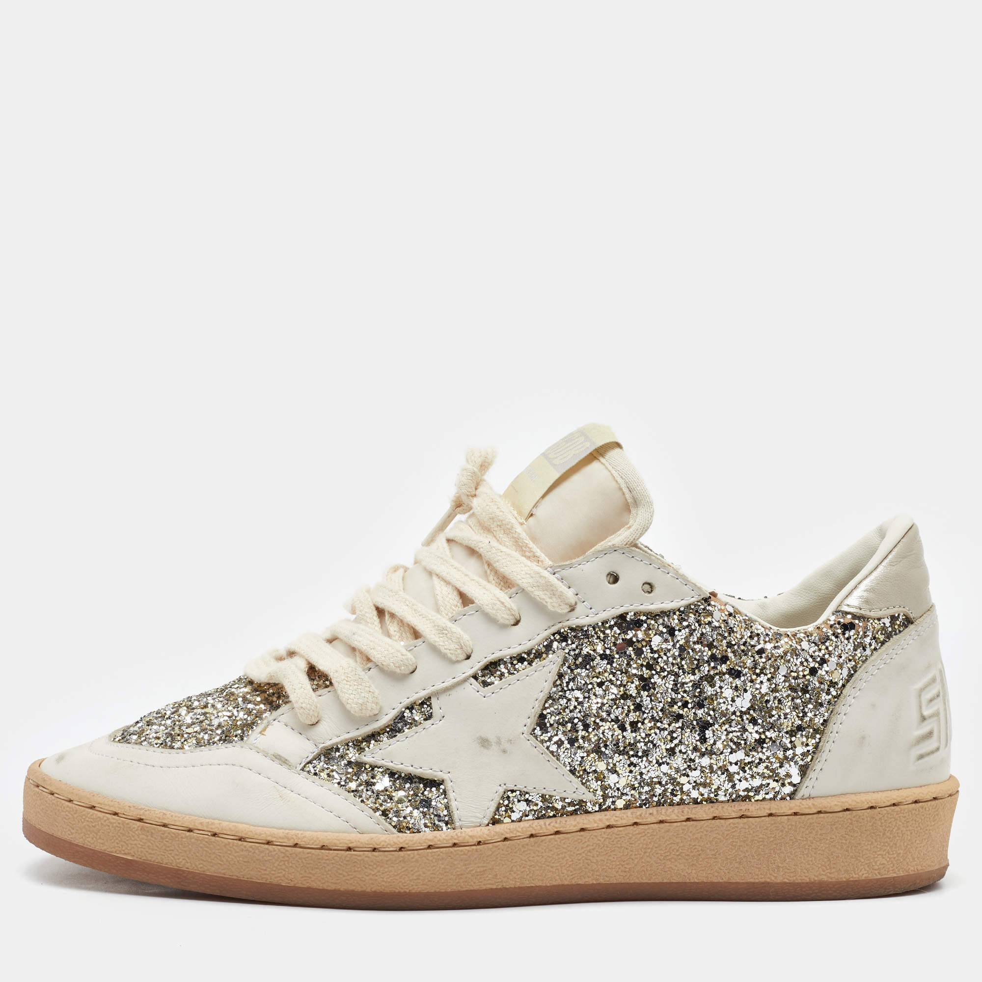 Pre Owned Golden Goose White/Silver Glitter and Leather Ball Star Low Top Sneakers Size 39