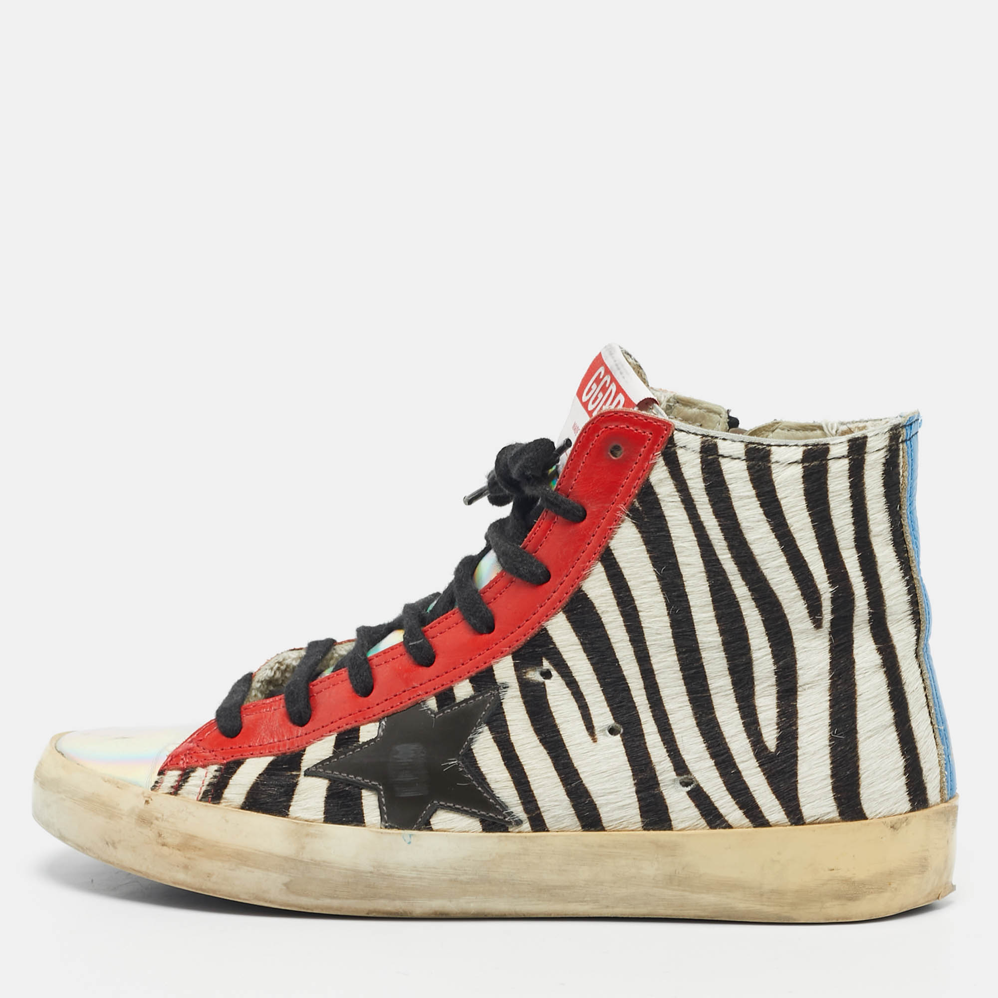 Pre Owned Golden Goose Multicolor Zebra Calf Hair and Leather Francy High Top Sneakers Size 38