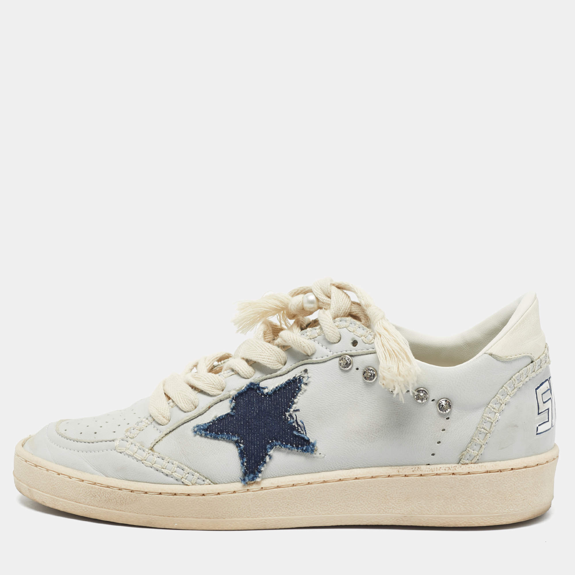 Pre Owned Golden Goose Blue Leather Embellished Ballstar Sneakers Size 38