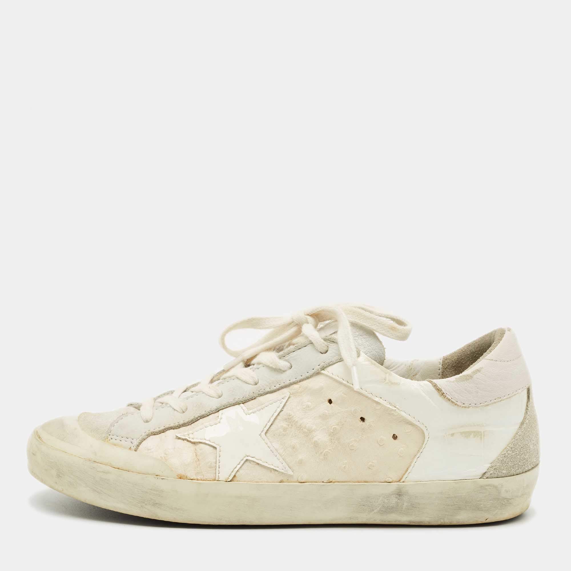 Pre Owned Golden Goose White/Grey Leather and Suede Superstar Lace Up Sneakers Size 38