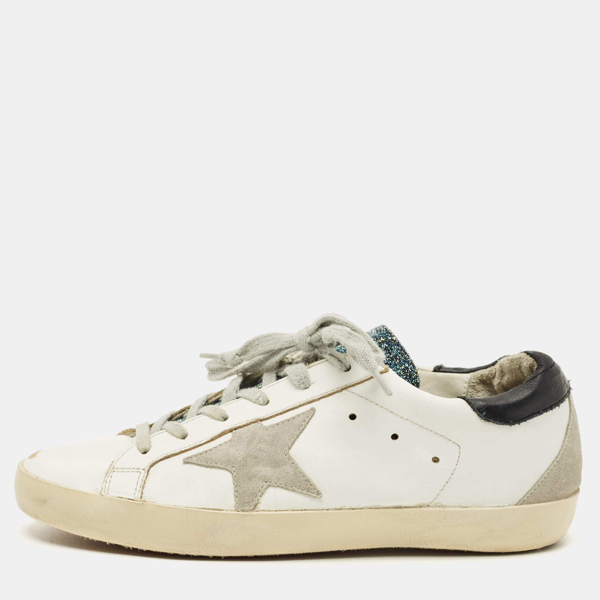 Pre Owned Golden Goose White Leather and Suede Superstar Lace Up Sneakers Size 37