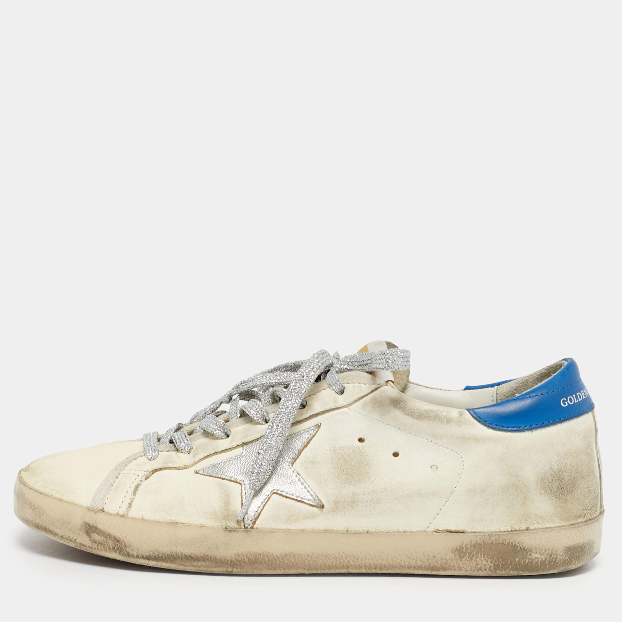 Pre Owned Golden Goose White/Blue Leather Super Star Lace Up Sneakers Size 41