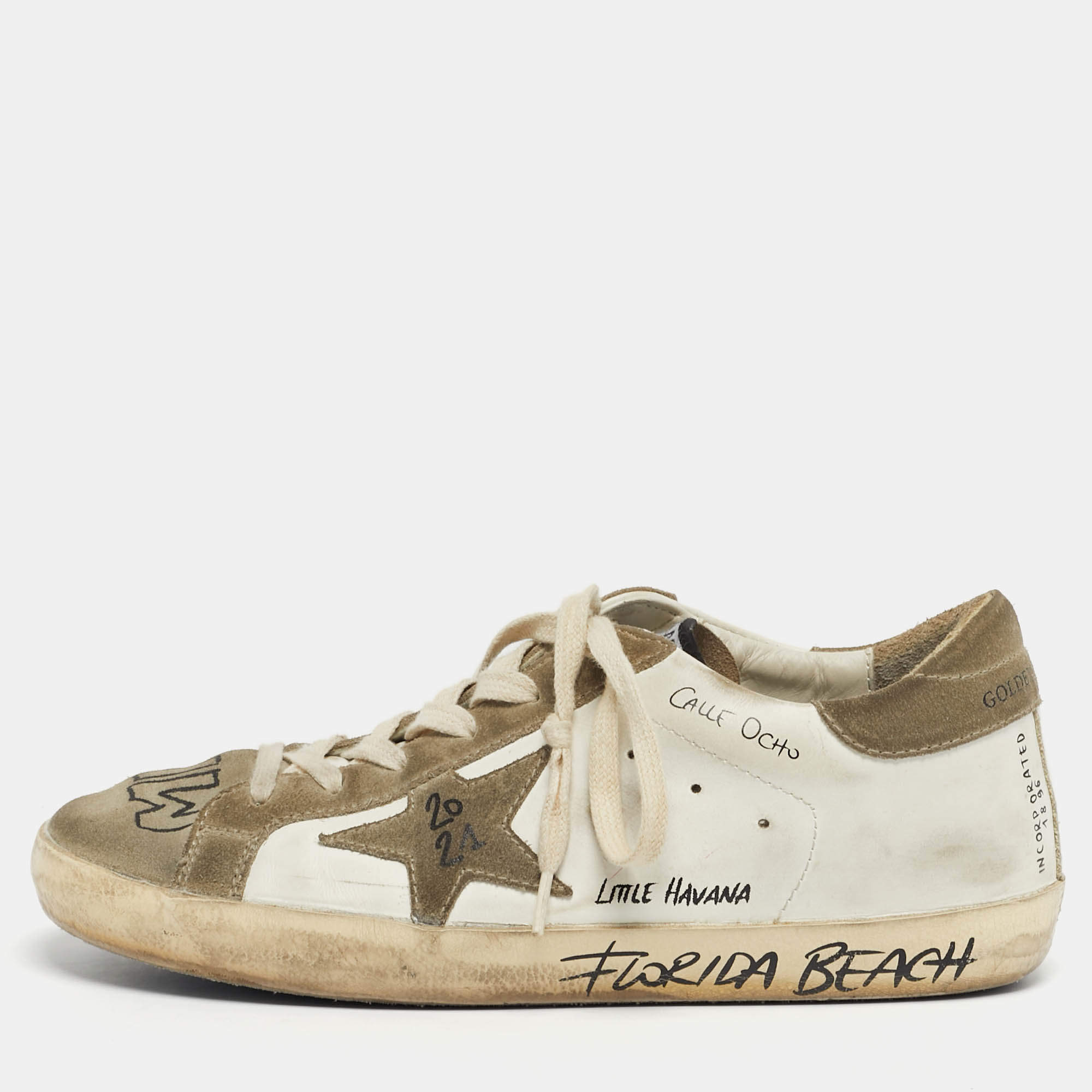 Pre Owned Golden Goose White/Grey Leather and Suede Superstar Lace Up Sneakers Size 37