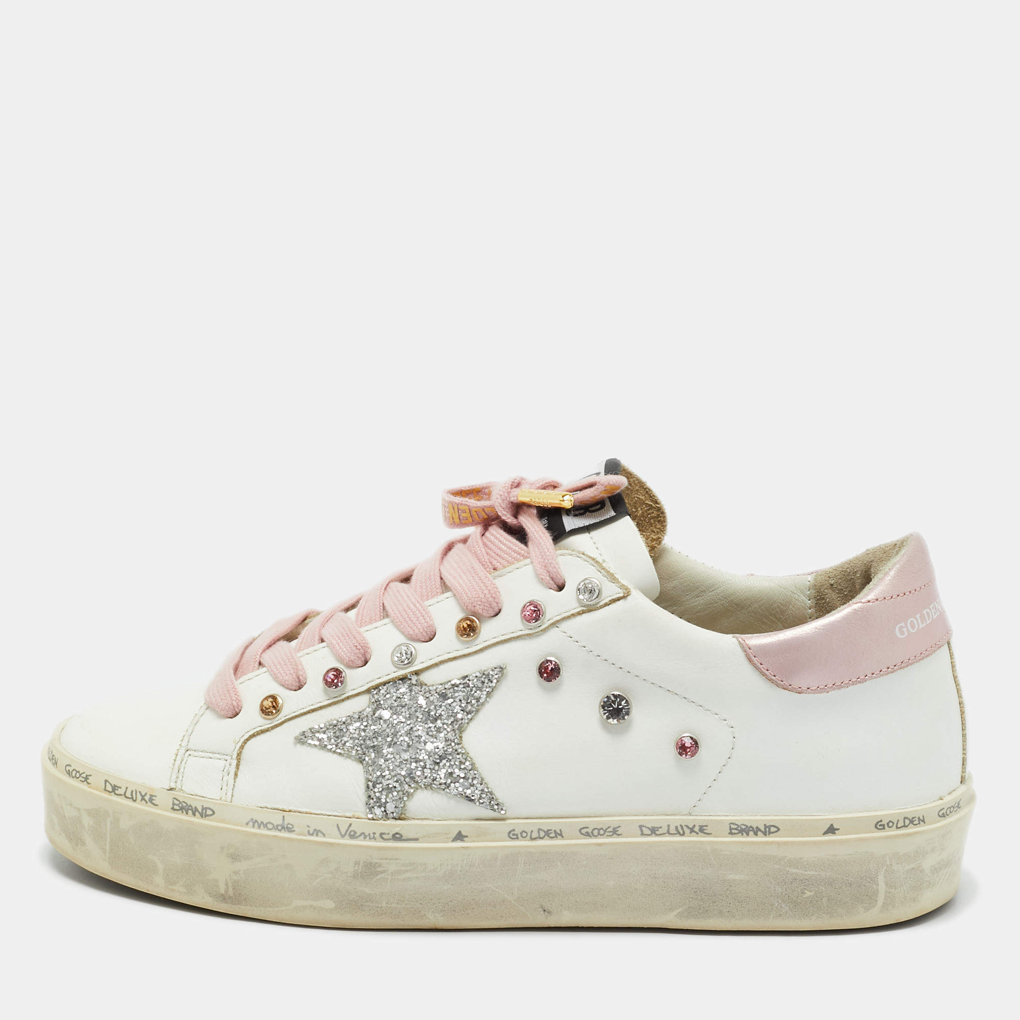 Pre Owned Golden Goose White Leather Hi star Low Top Sneakers Size 37