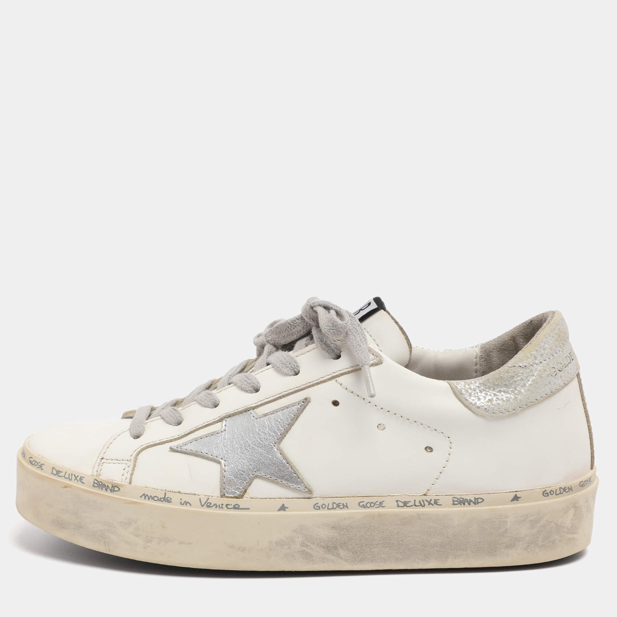 Pre Owned Golden Goose White/Silver Leather Hi Star Lace Up Sneakers Size 36