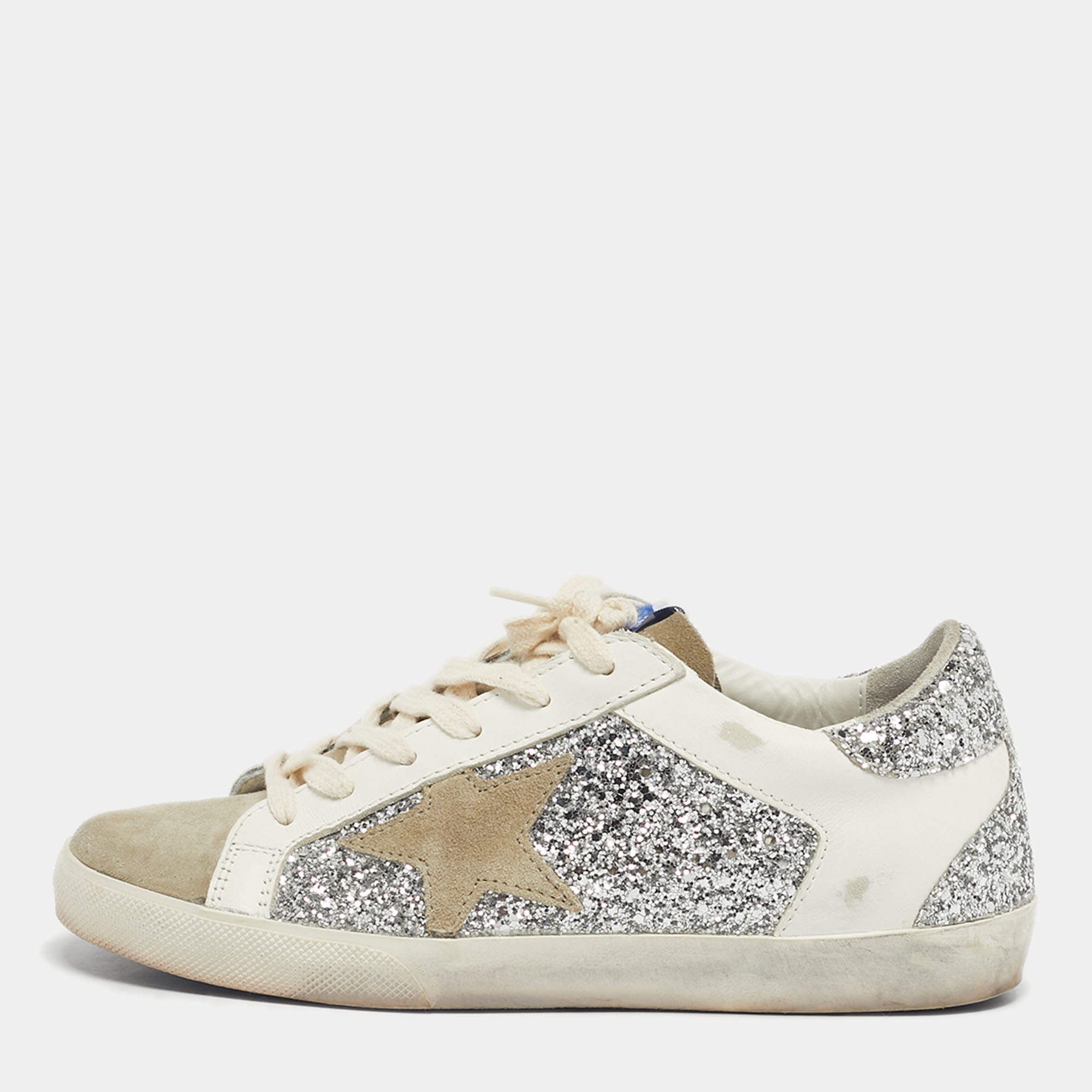Pre Owned Golden Goose Tricolor Glitter and Leather Superstar Lace Up Sneakers Size 36