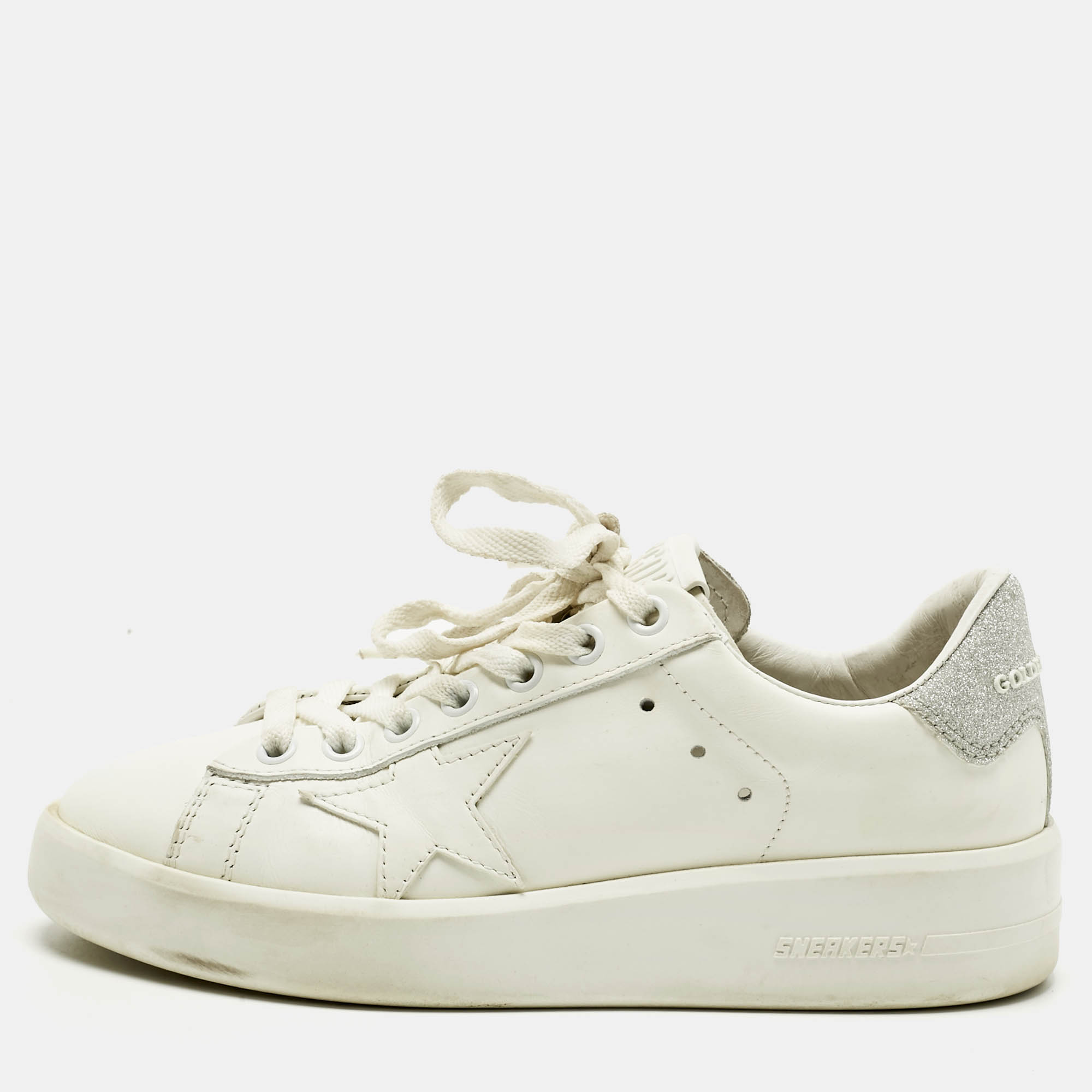 Pre Owned Golden Goose White/Silver Glitter and Leather PureStar Low Top Sneakers Size 35