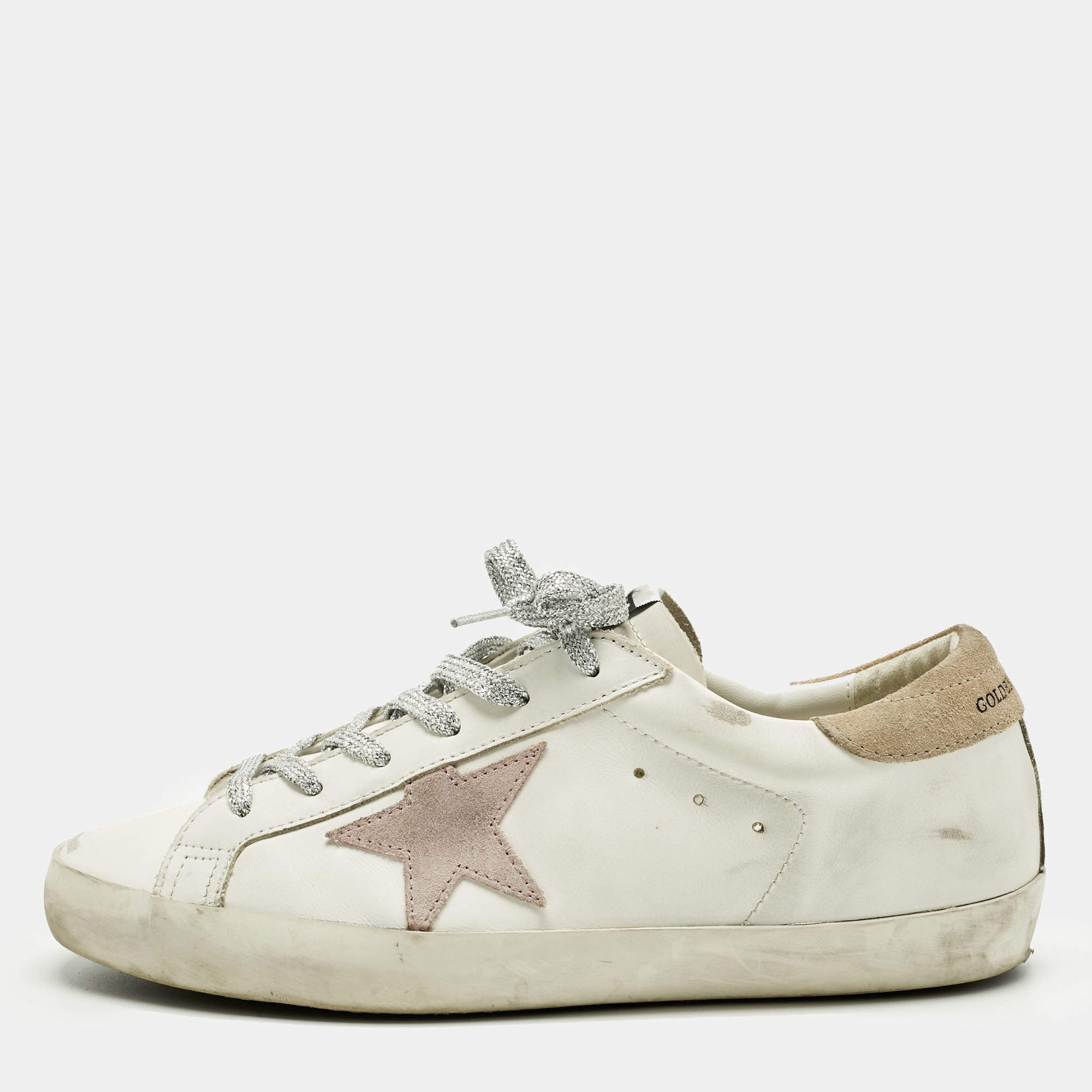 Pre Owned Golden Goose White/Pink Leather and Suede Super Star Sneakers Size 41
