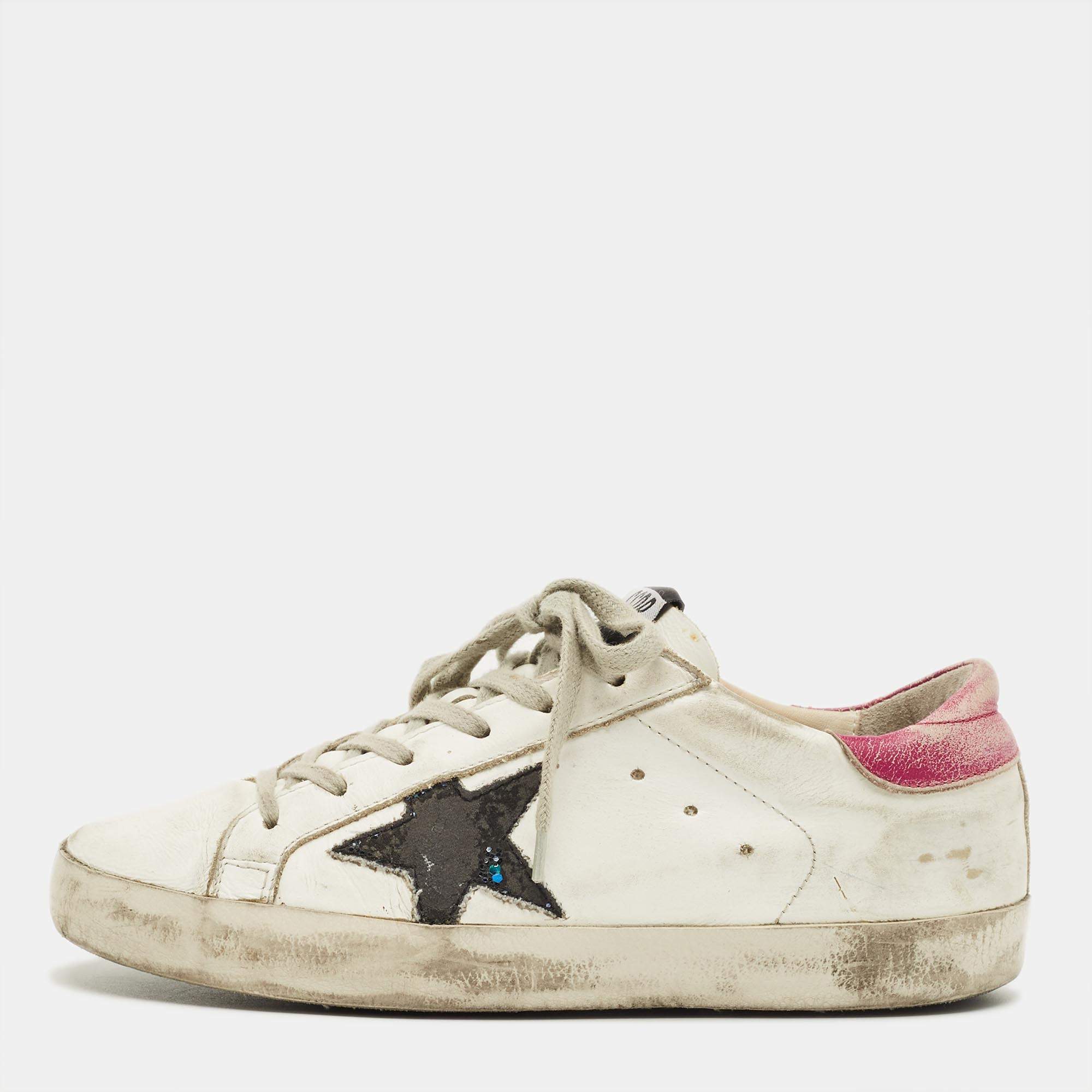 Pre Owned Golden Goose White Leather Hi Star Lace Up Sneakers Size 36