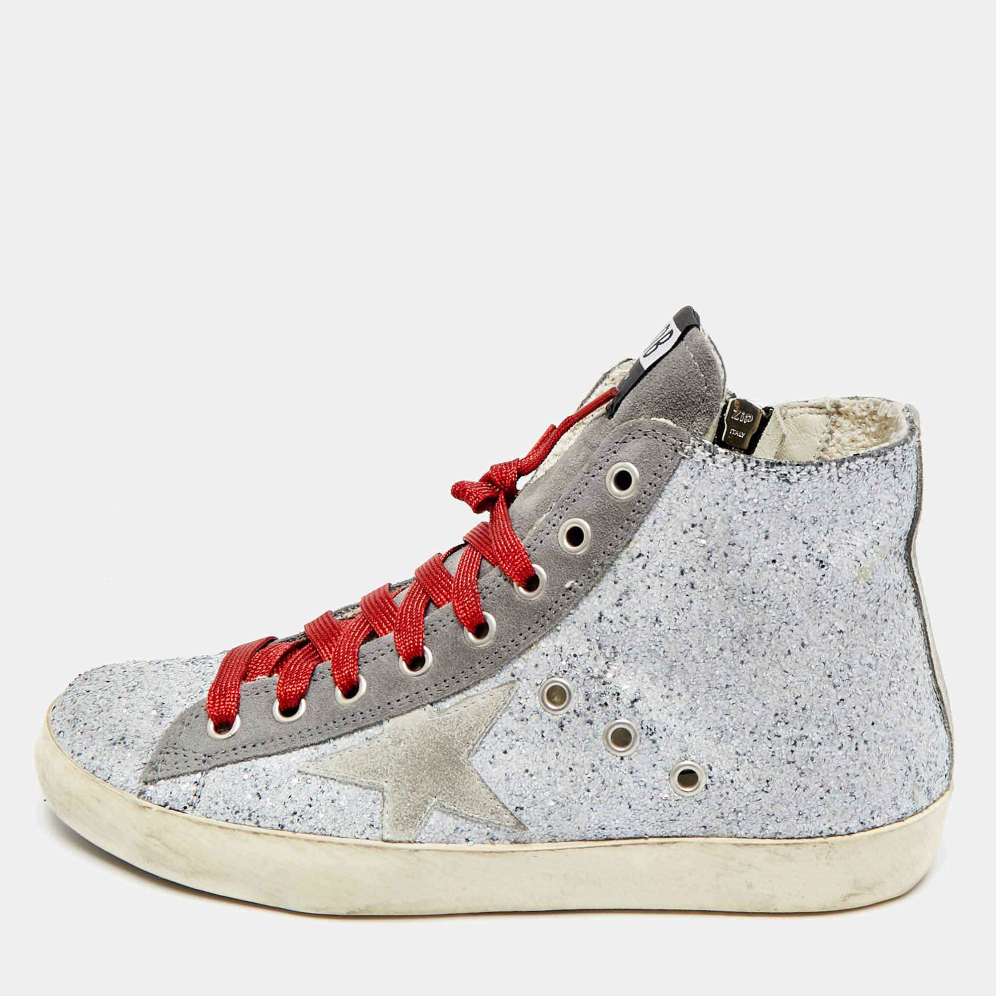Pre Owned Golden Goose Grey Glitter and Suede Francy Sneakers Size 38