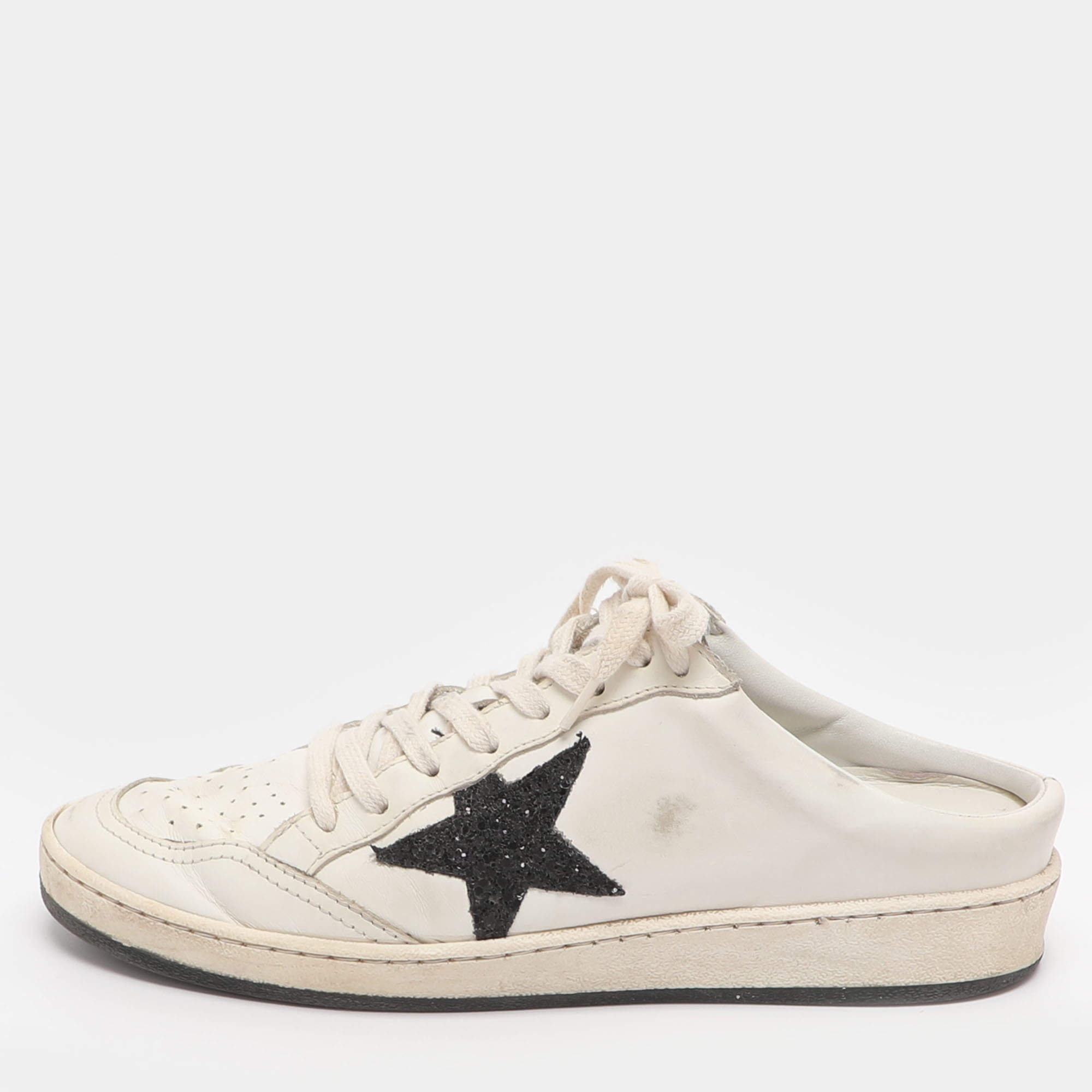 Pre Owned Golden Goose Ballstar Size 39 White/Black Leather and Glitter Mule Sneakers