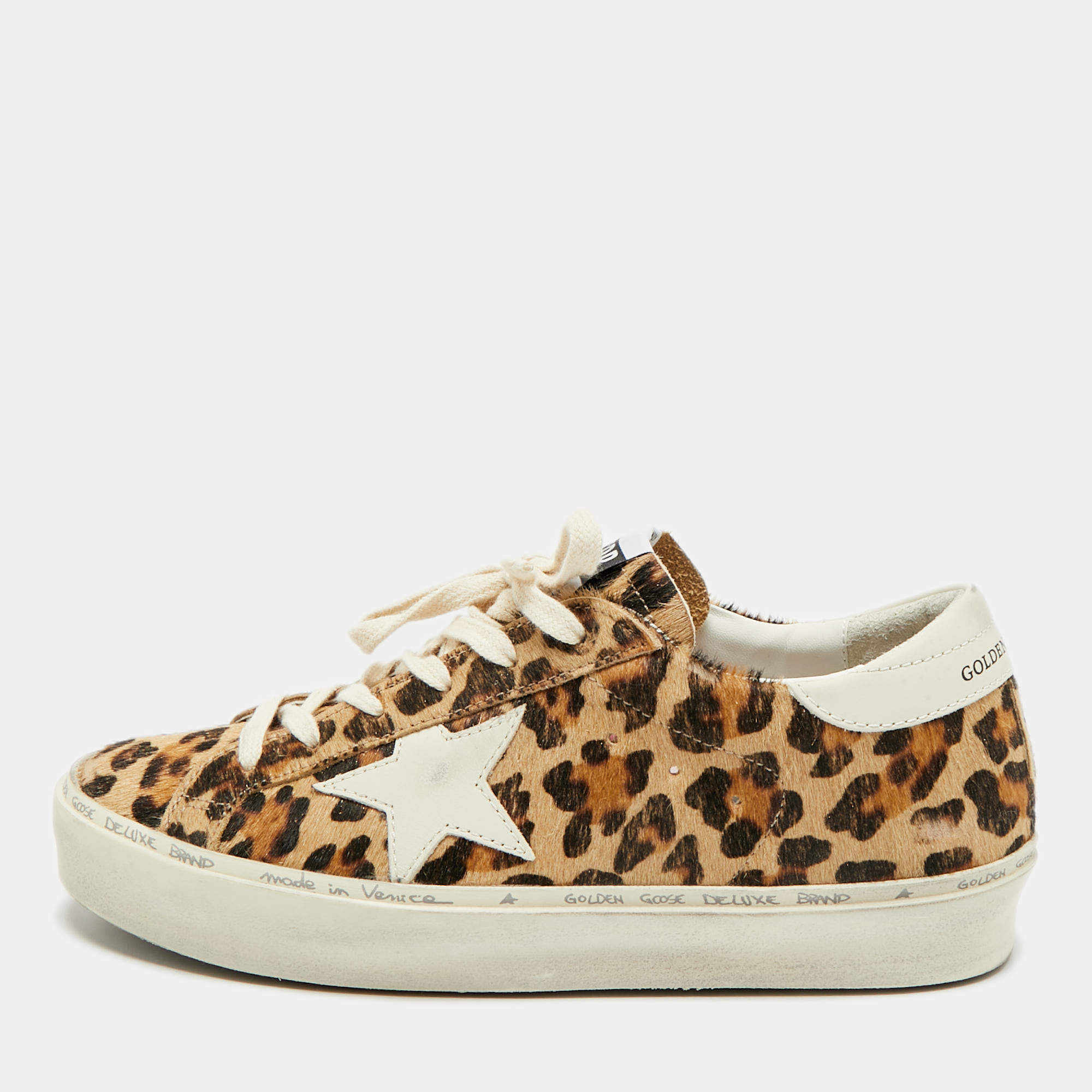 مملوكة مسبقًا Golden Goose Hi Star Size 39 Brown/White Leopard Print Calf Hair and Leather Lace Up Sneakers