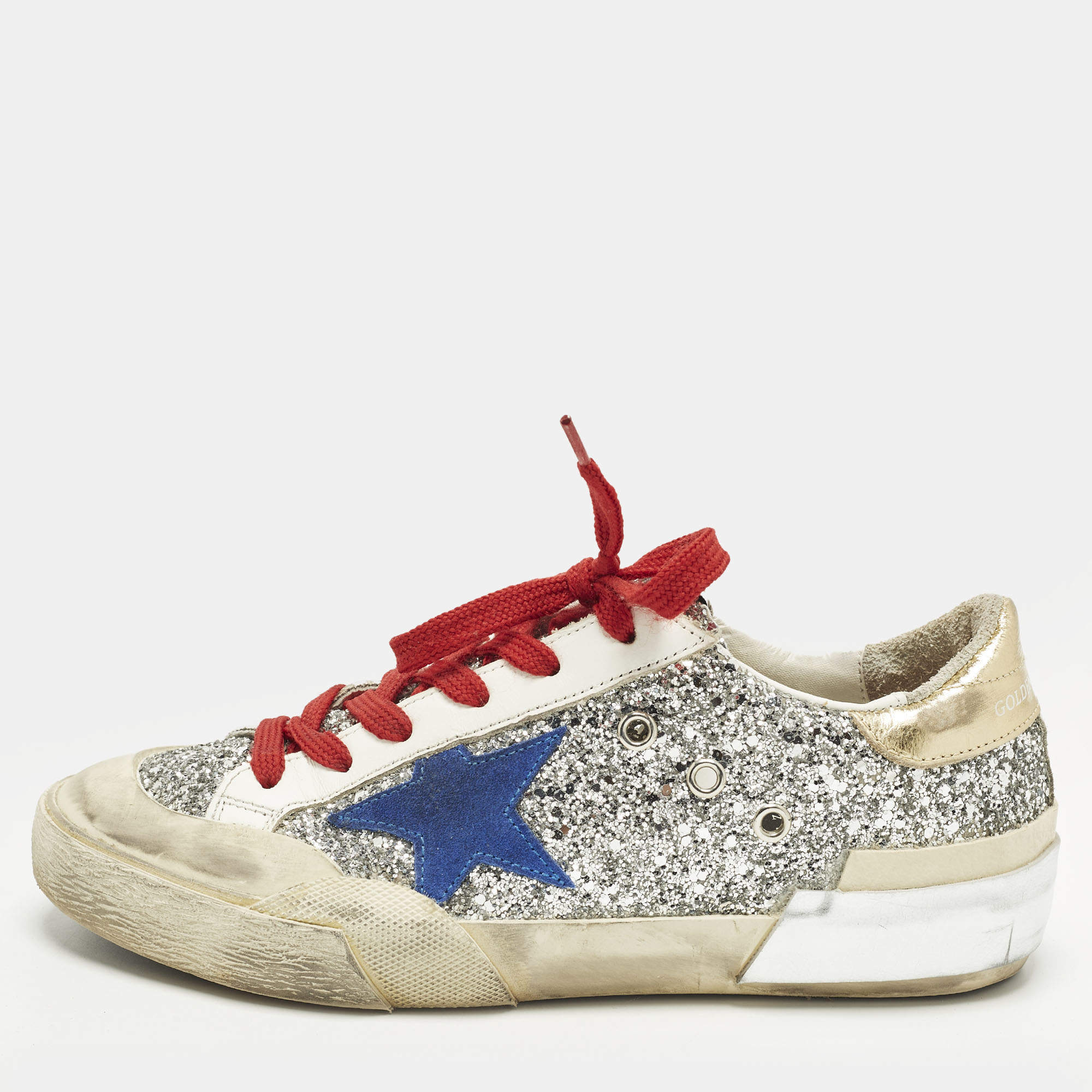 Pre Owned Golden Goose Super Star Size 37 Multicolor Glitter and Leather Lace Up Sneakers
