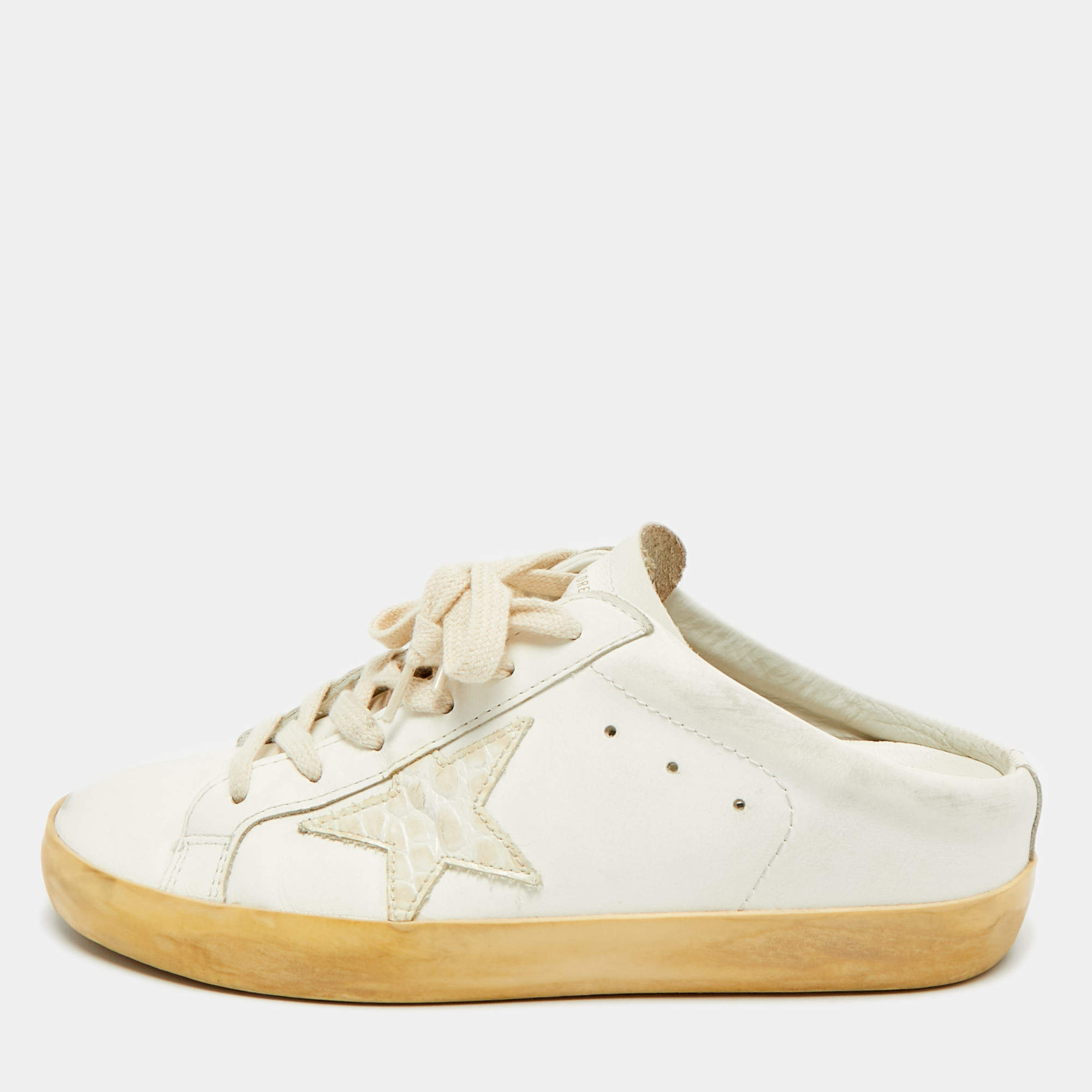 Pre Owned Golden Goose Superstar Size 37 White Croc Embossed Leather and Leather Mules