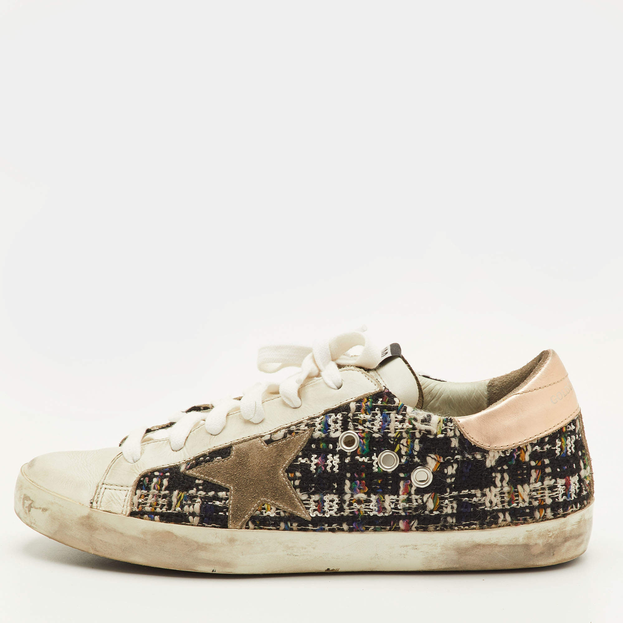 Pre Owned Golden Goose Super Star Size 39 Multicolor Leather and Tweed Low Top Sneakers