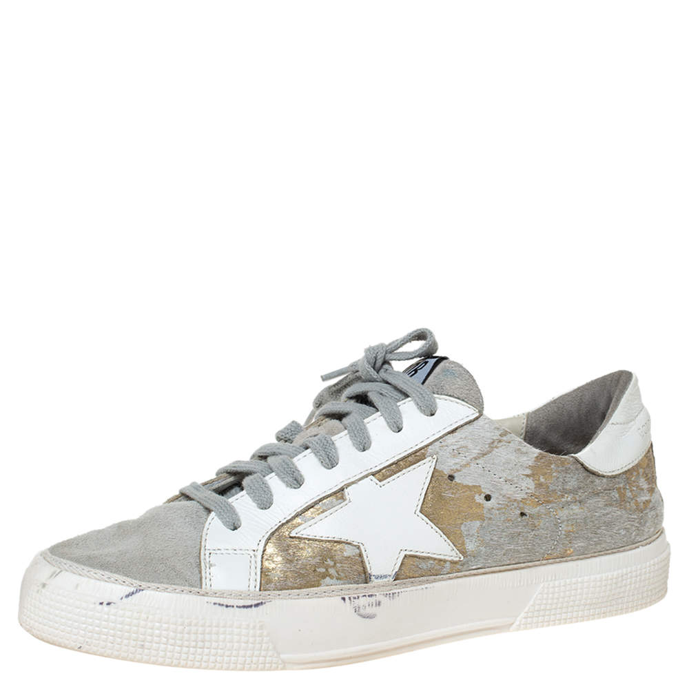 Golden Goose White/Grey Distressed Suede And Metallic Pony Hair May Lace Up Sneakers Size 38