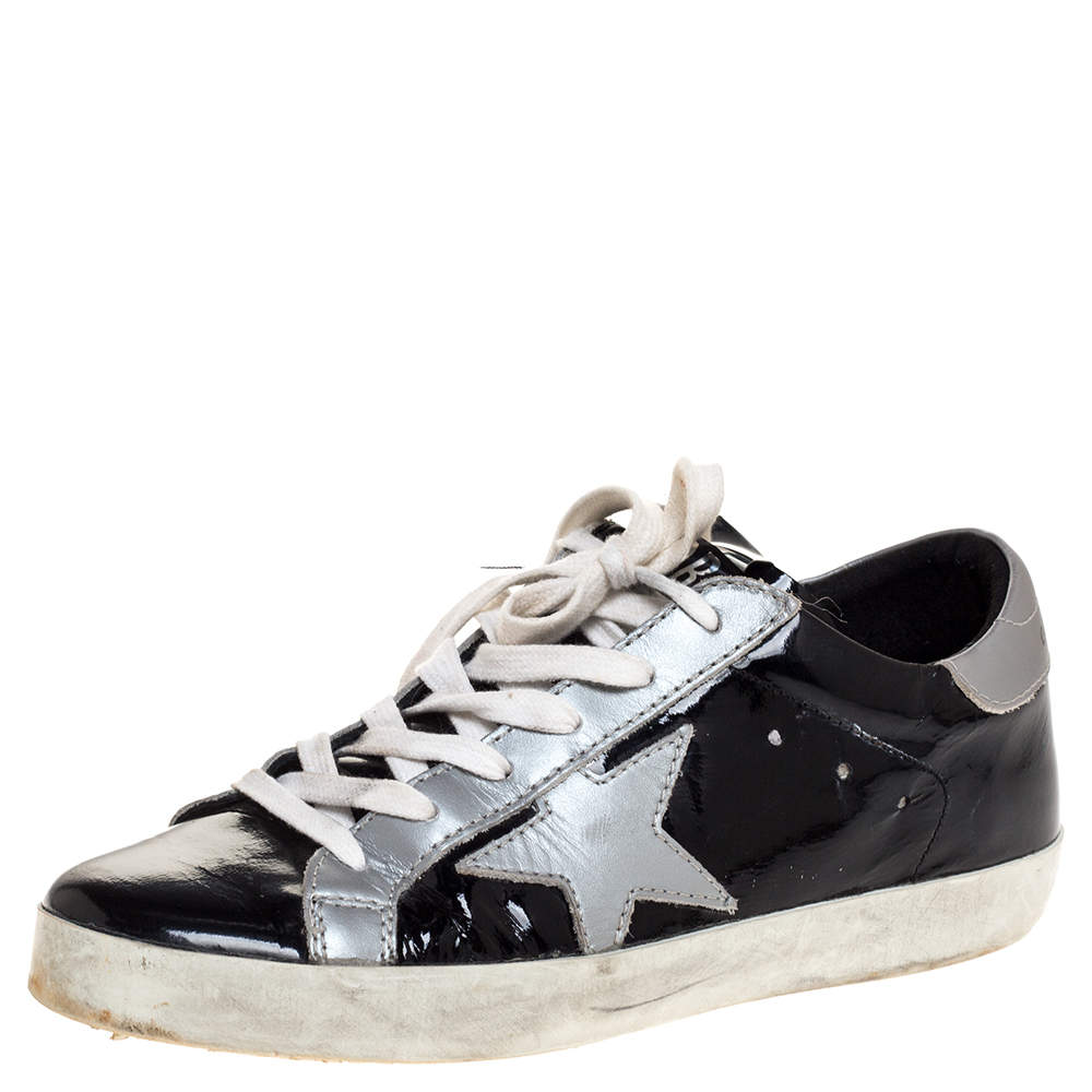 Pre Owned Golden Goose Black Patent And Grey Leather Hi Star Sneakers Size 35