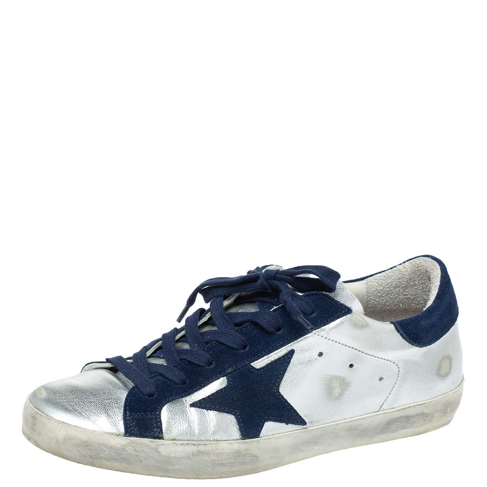 Pre Owned Golden Goose Deluxe Brand Silver Leather And Blue Suede Star Sneakers Size 38