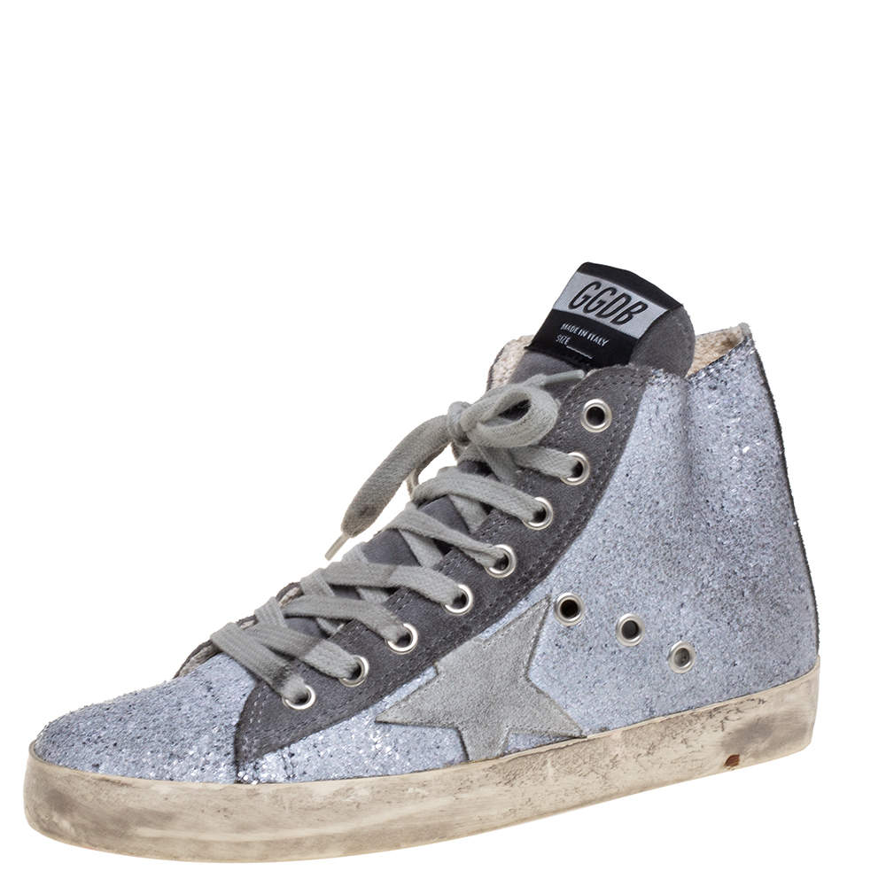 Pre Owned Golden Goose Silver/Grey Glitter And Suede High Top Sneakers Size 36