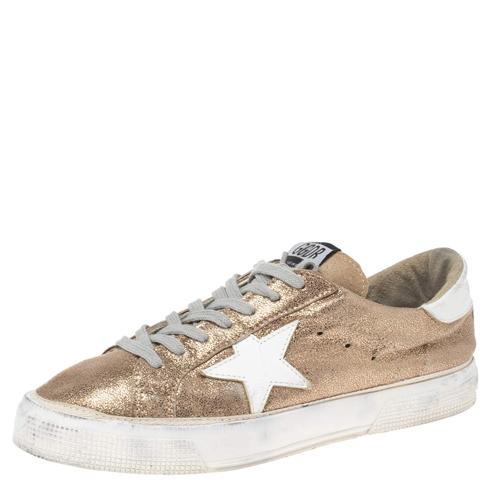 Pre Owned Golden Goose Gold/White Glitter And Leather Superstar Low Top Sneakers Size 40
