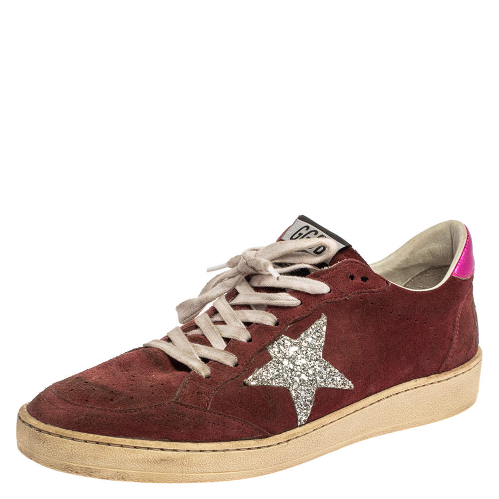 Pre Owned Golden Goose Burgundy Suede Leather And Glitter Ball Star Lace Up Sneakers Size 40