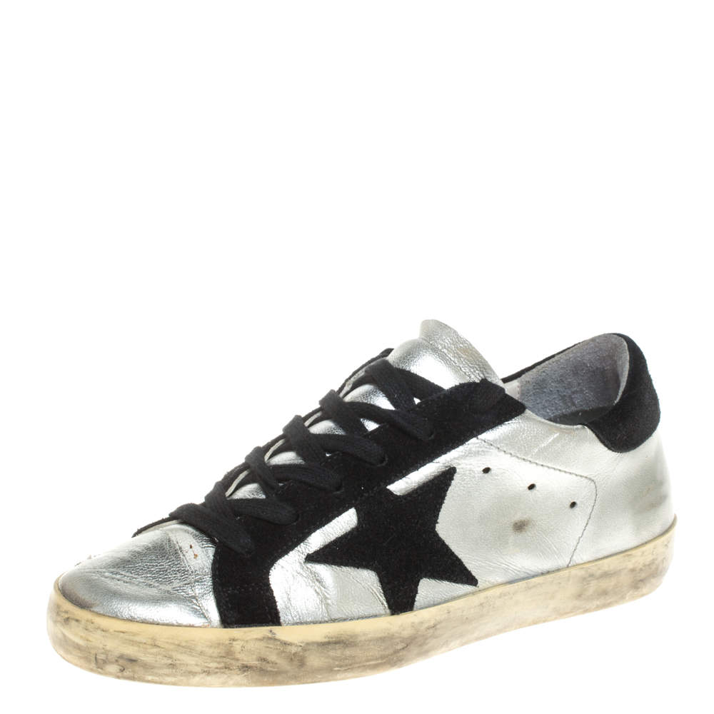 Pre Owned Golden Goose Silver/Black Leather and Suede Superstar Lace Up Sneakers Size 36