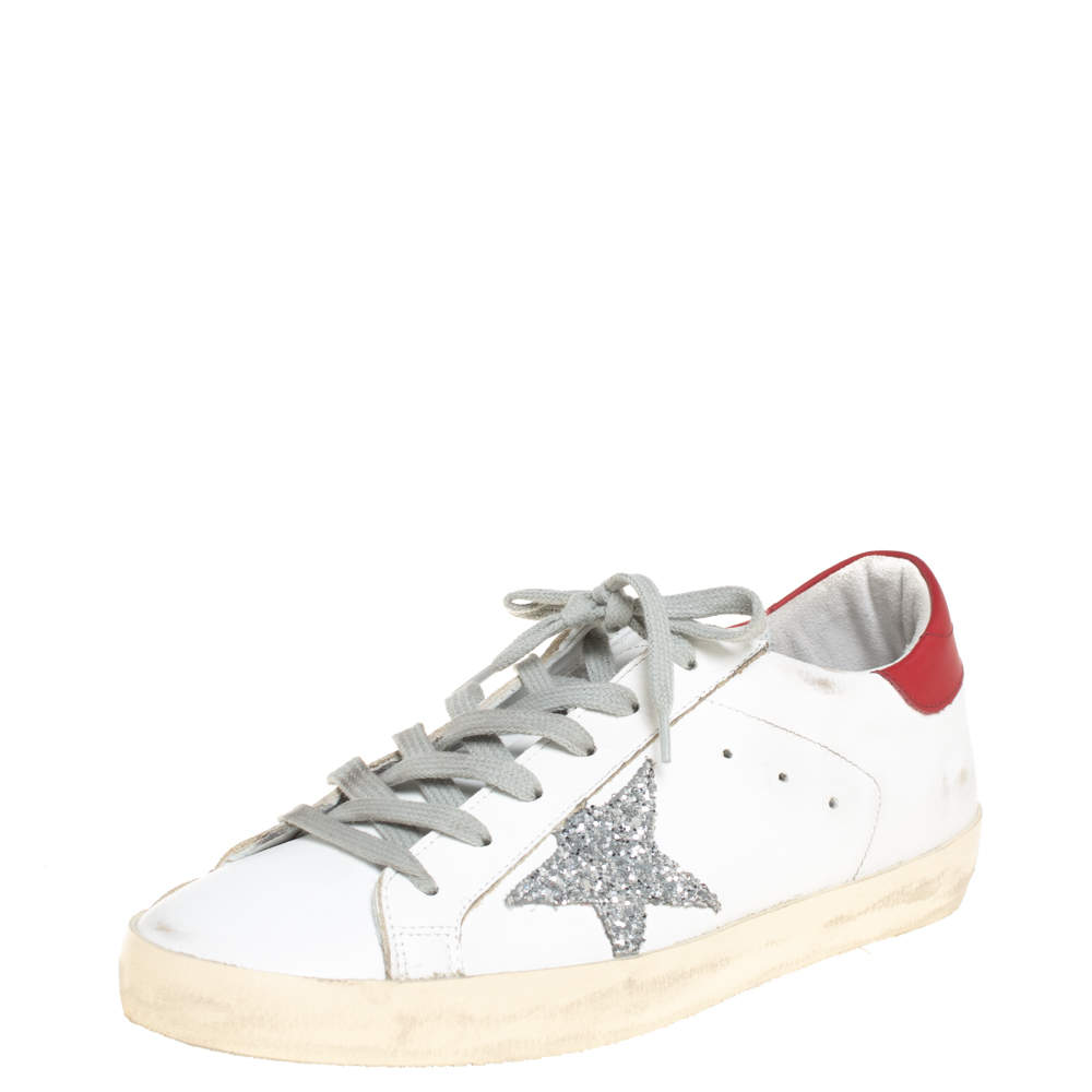Pre Owned Golden Goose White/Silver Leather And Glitter Superstar Lace Up Sneakers Size 40