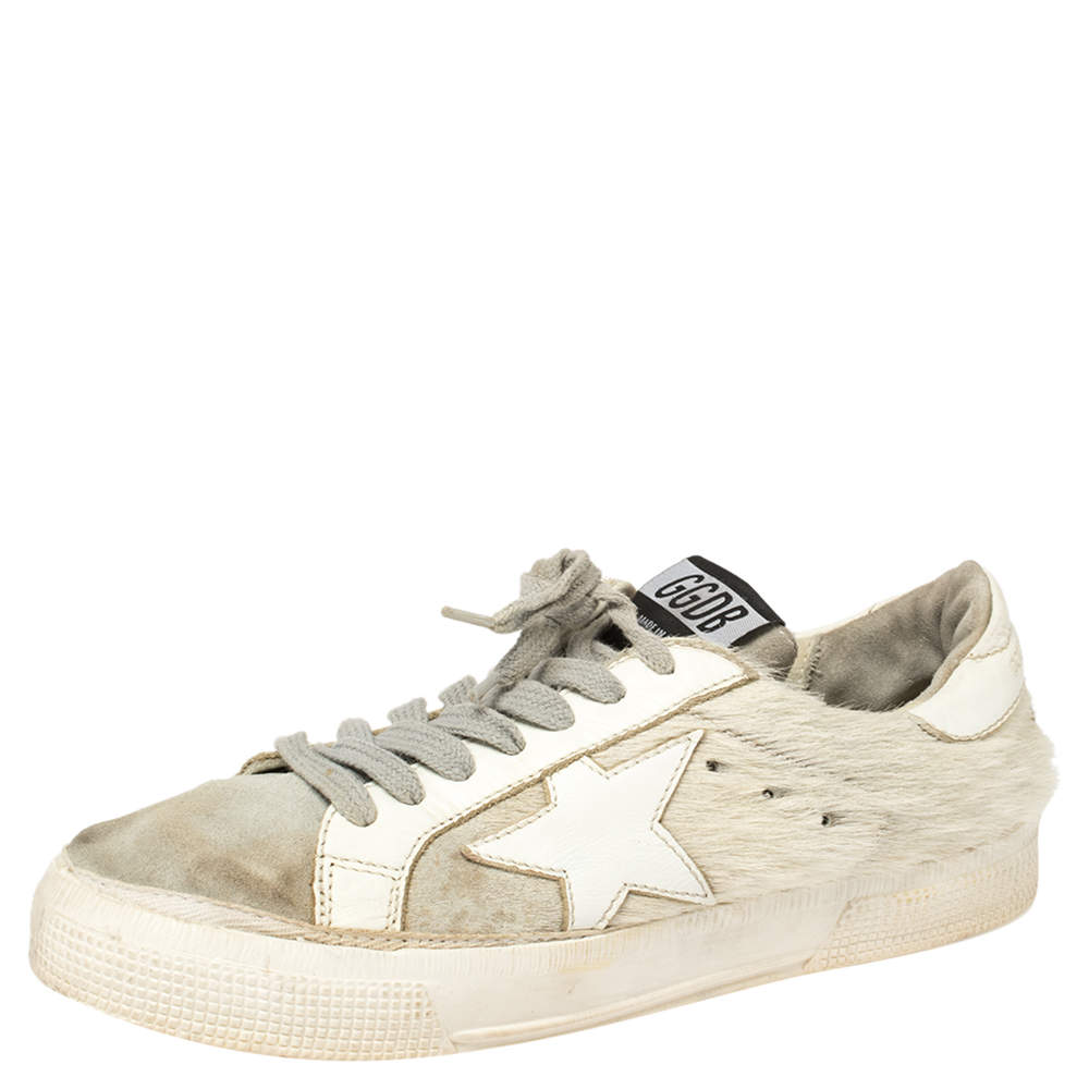 Pre Owned Golden Goose White/Grey Distressed Suede And Pony Hair Lace Up Sneakers Size 37