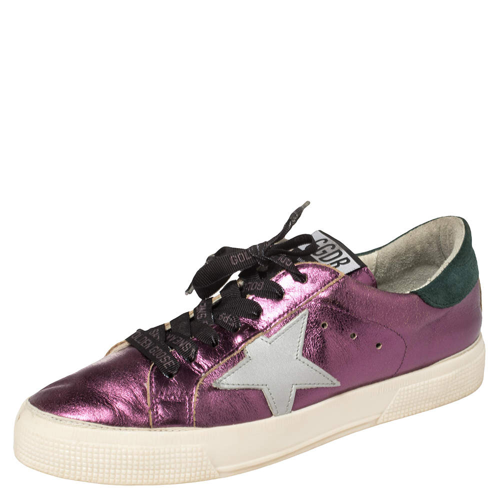Pre Owned Golden Goose Metallic Purple Leather May Low Top Sneakers Size 38