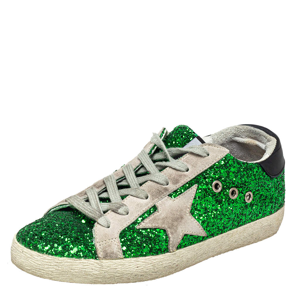 Golden Goose Green Glitter And Suede Superstar Low Top Sneakers Size 37