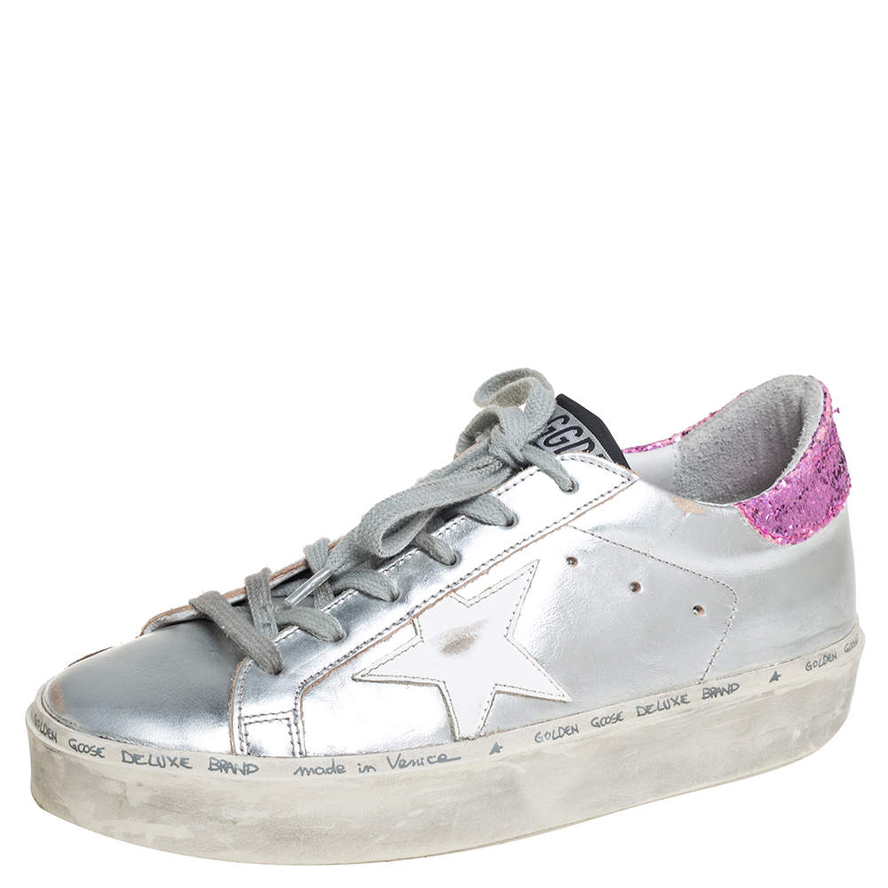 Pre Owned Golden Goose Silver/Pink Leather And Glitter Superstar Low Top Sneakers Size 37