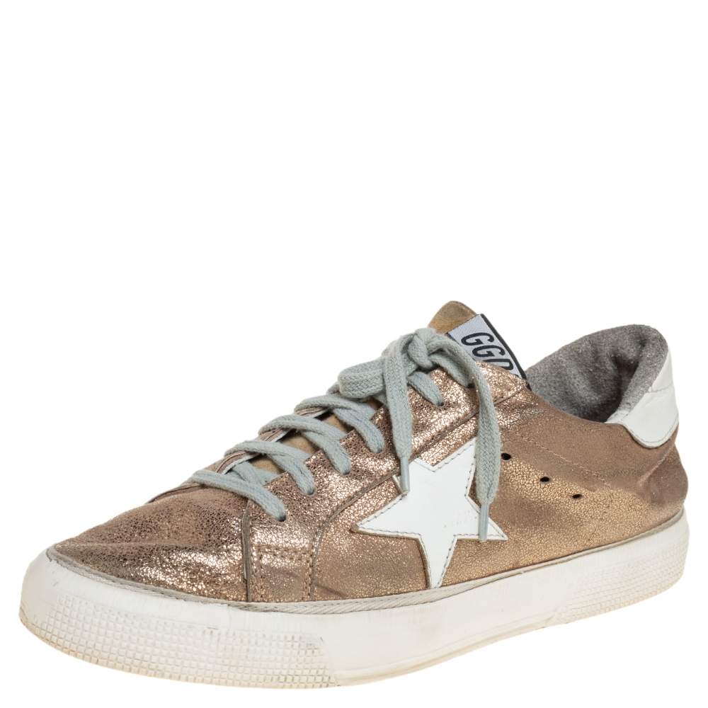 Pre Owned Golden Goose Gold/White Glitter And Leather Superstar Low Top Sneakers Size 40