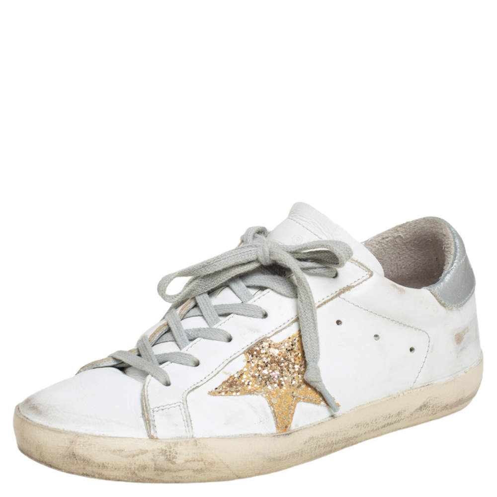 Pre Owned Golden Goose White Leather Superstar Lace Up Sneakers Size 36