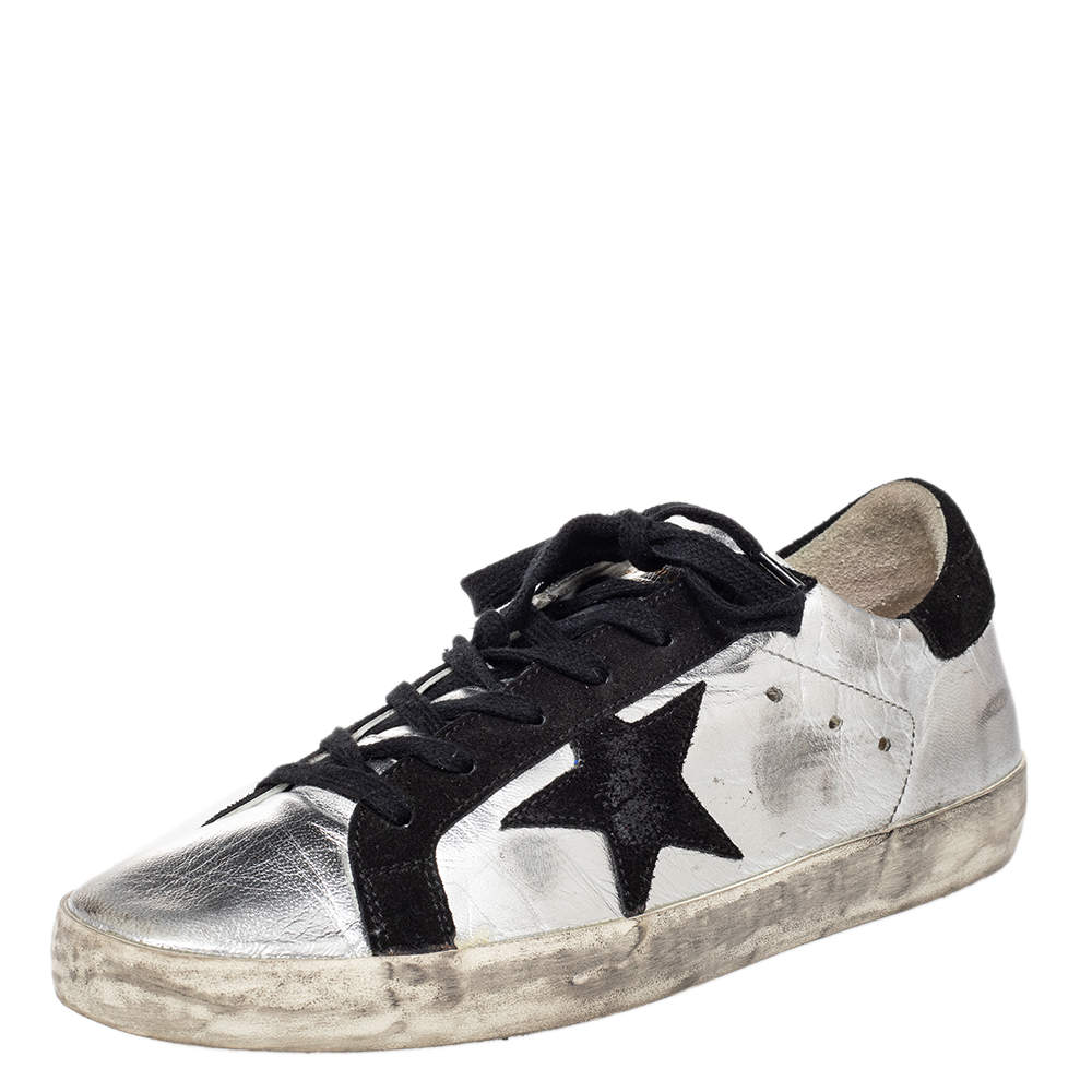 Pre Owned Golden Goose Silver/Black Metallic Leather And Suede Superstar Sneakers Size 40